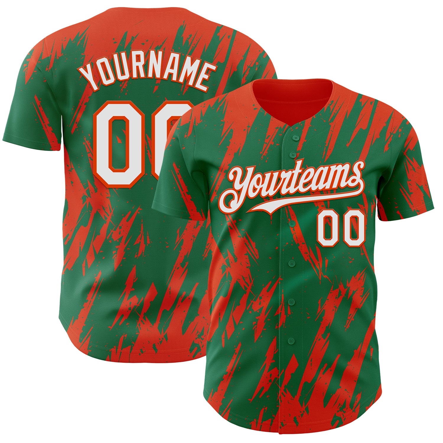 Custom Kelly Green White-Orange 3D Pattern Design Splatter Torn Sharp Brush Stroke Authentic Baseball Jersey