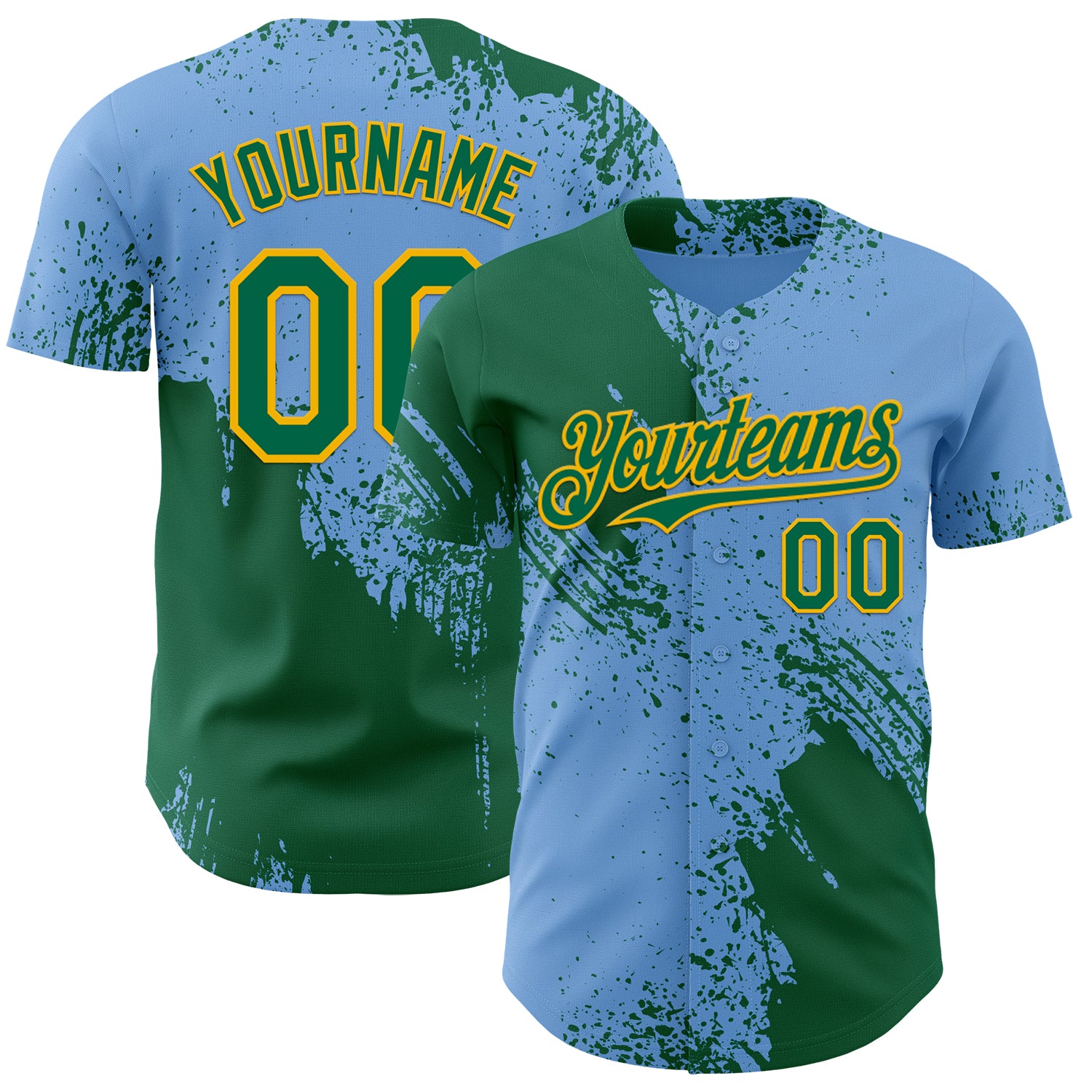 Custom Light Blue Kelly Green-Gold Abstract Brush Stroke Authentic Baseball Jersey