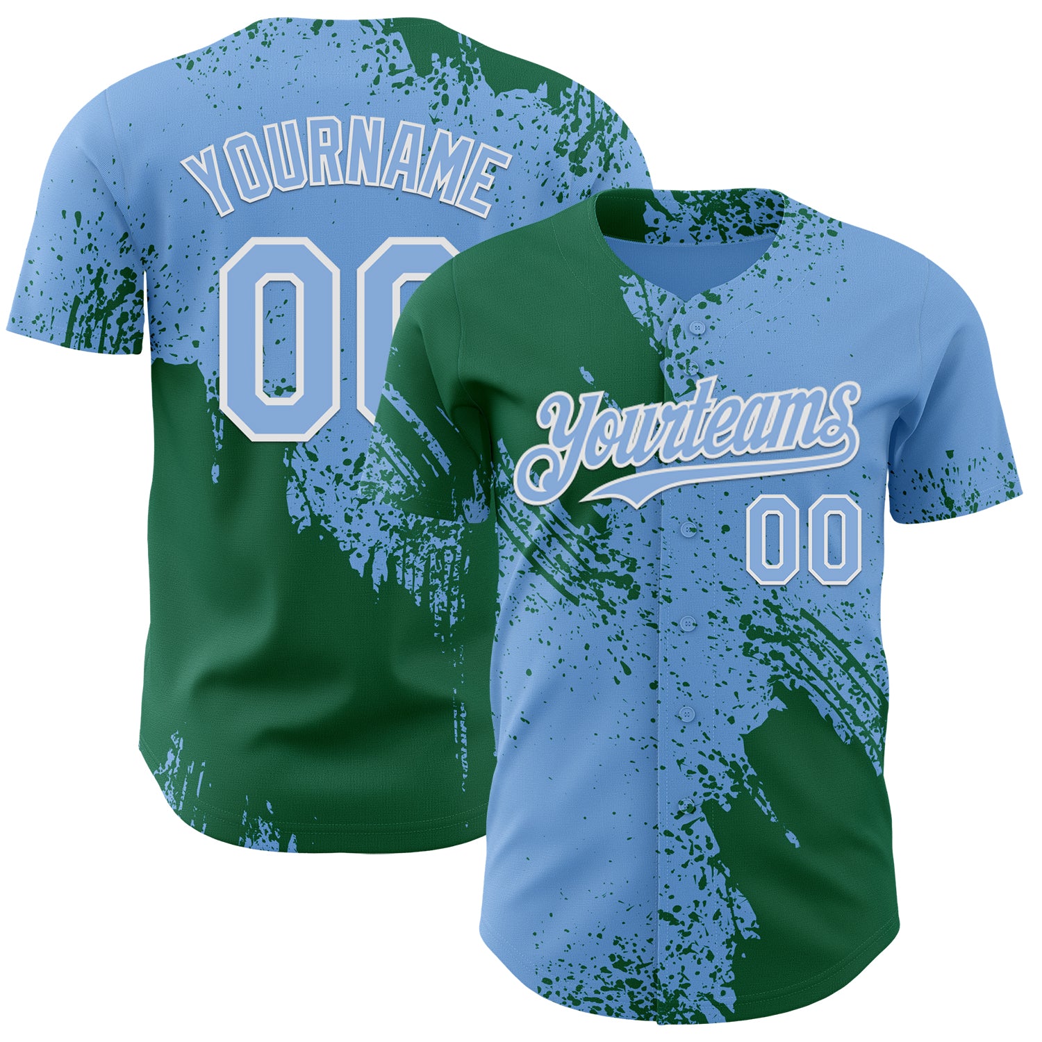 Custom Light Blue Kelly Green-White Abstract Brush Stroke Authentic Baseball Jersey