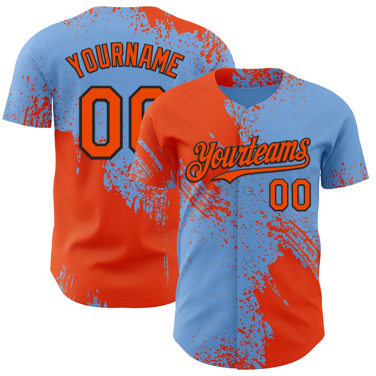 Custom Light Blue Orange-Black Abstract Brush Stroke Authentic Baseball Jersey