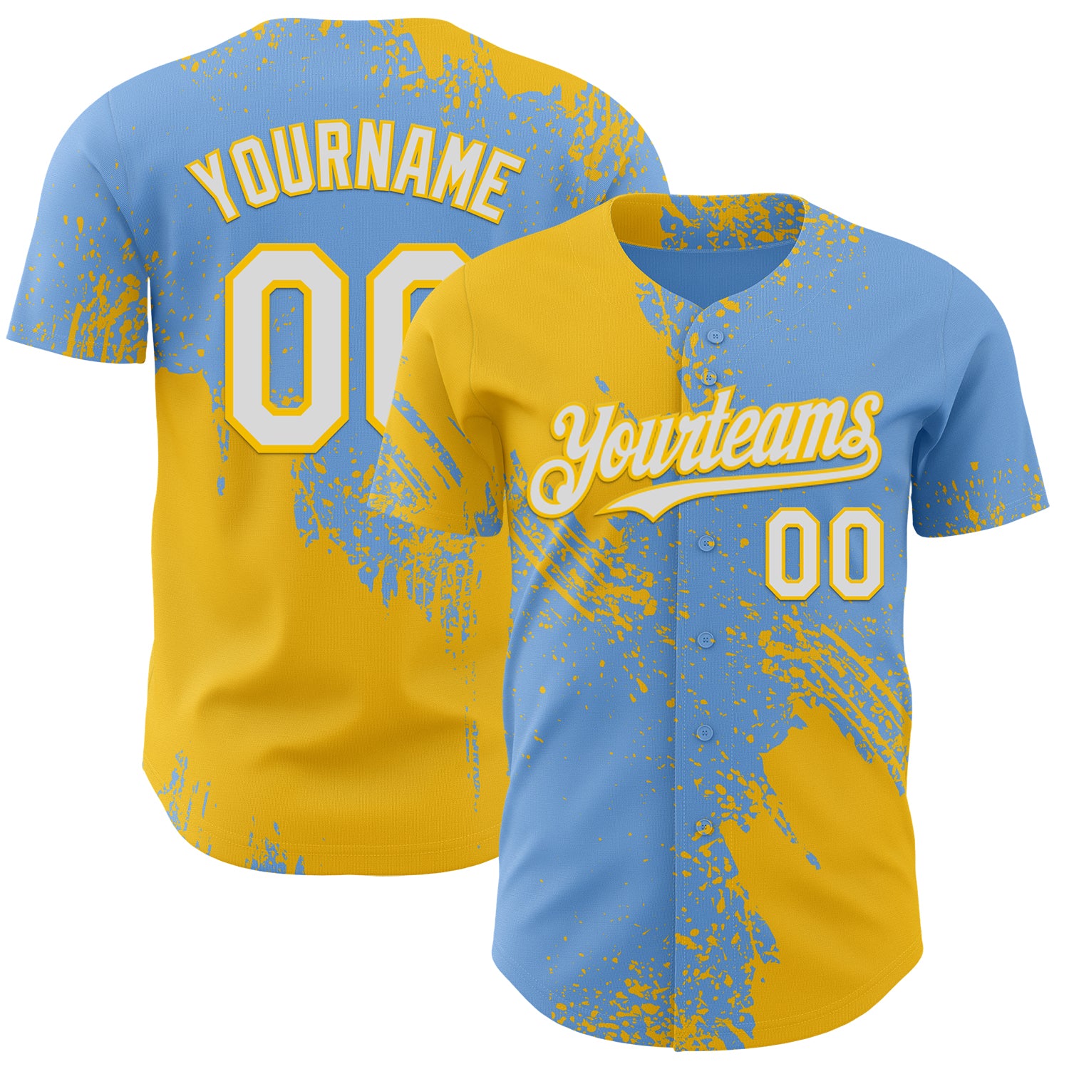 Custom Light Blue White-Yellow Abstract Brush Stroke Authentic Baseball Jersey