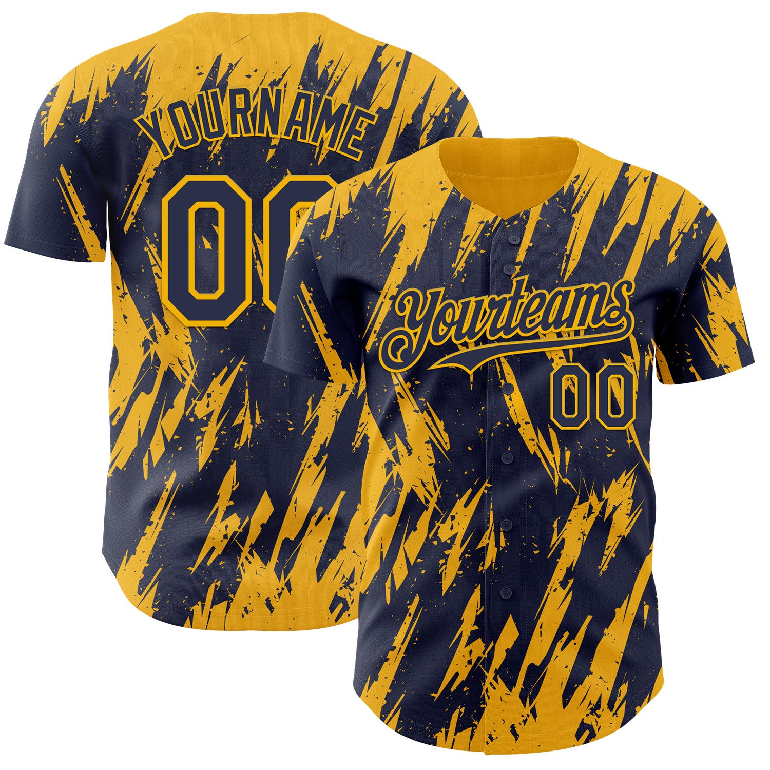 Custom Navy Gold 3D Pattern Design Splatter Torn Sharp Brush Stroke Authentic Baseball Jersey
