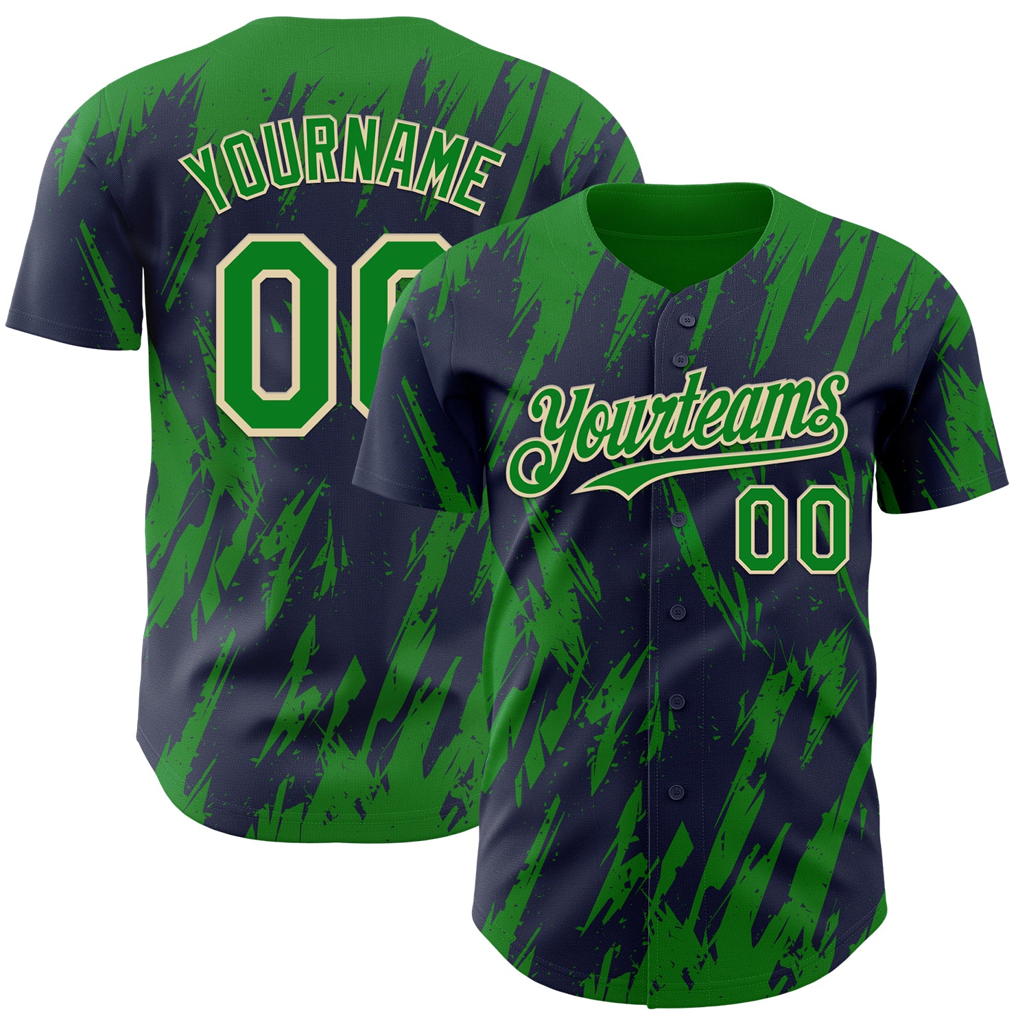 Custom Navy Kelly Green-Cream 3D Pattern Design Splatter Torn Sharp Brush Stroke Authentic Baseball Jersey