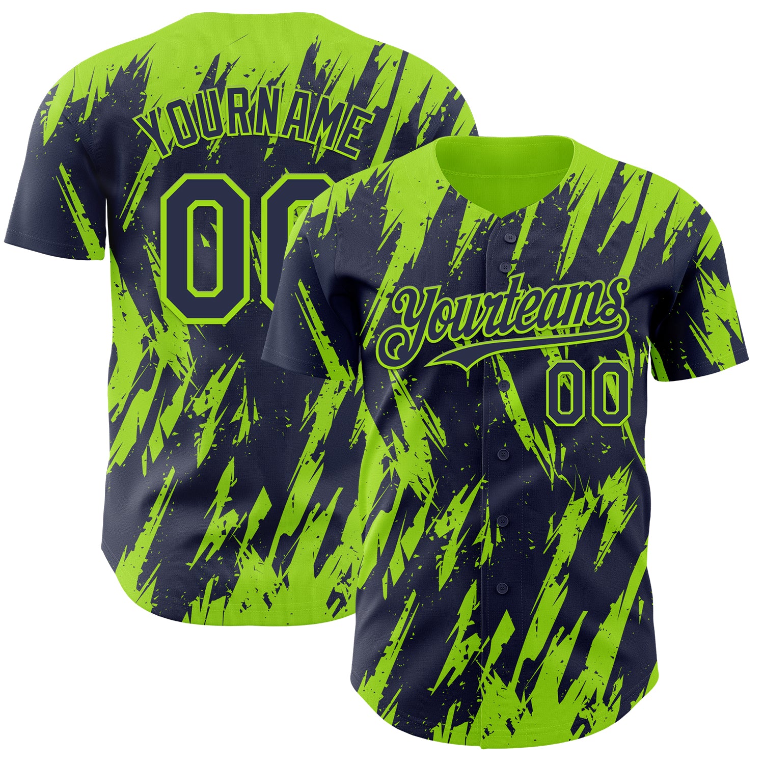 Custom Navy Neon Green 3D Pattern Design Splatter Torn Sharp Brush Stroke Authentic Baseball Jersey