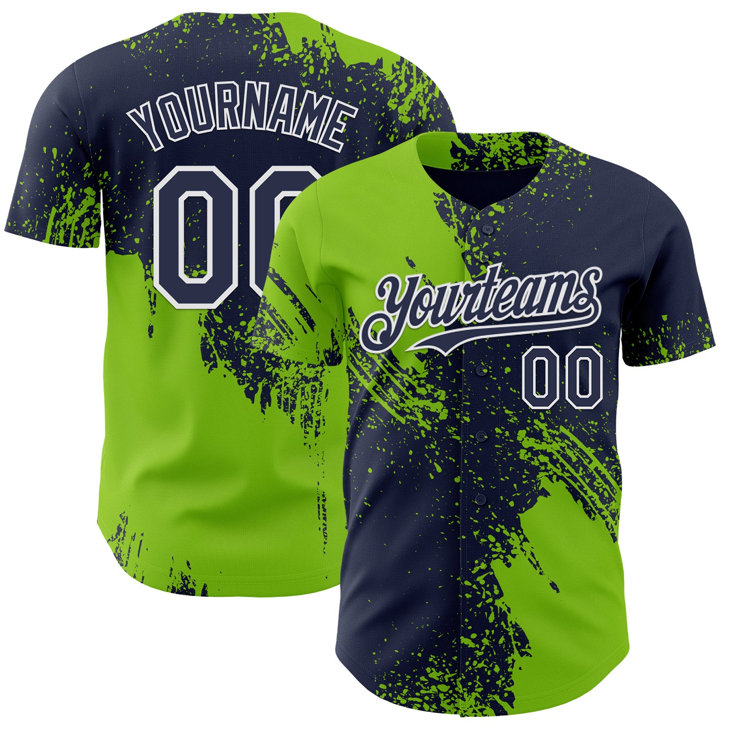 Custom Navy Neon Green-White Abstract Brush Stroke Authentic Baseball Jersey