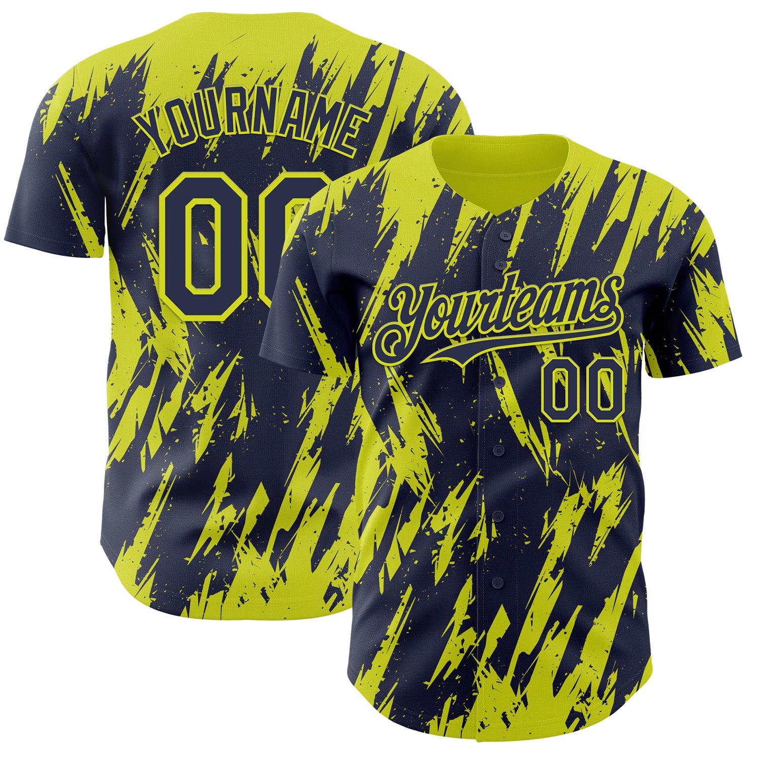 Custom Navy Neon Yellow 3D Pattern Design Splatter Torn Sharp Brush Stroke Authentic Baseball Jersey