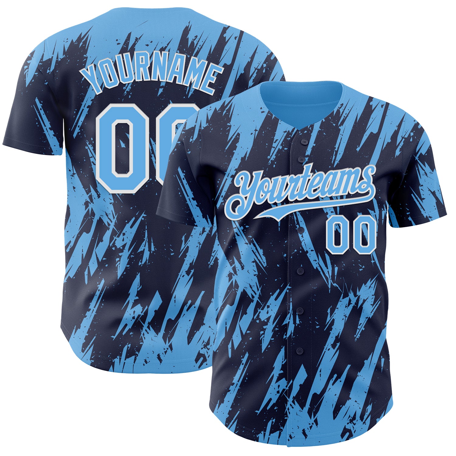 Custom Navy Sky Blue-White 3D Pattern Design Splatter Torn Sharp Brush Stroke Authentic Baseball Jersey