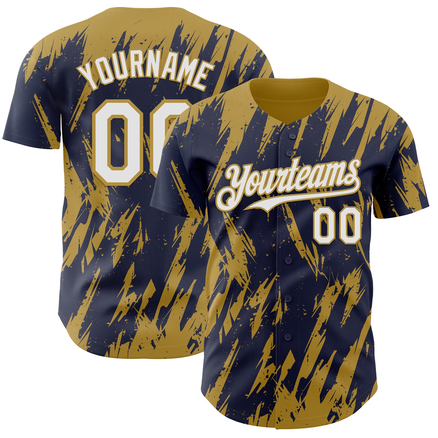 Custom Navy White-Old Gold 3D Pattern Design Splatter Torn Sharp Brush Stroke Authentic Baseball Jersey
