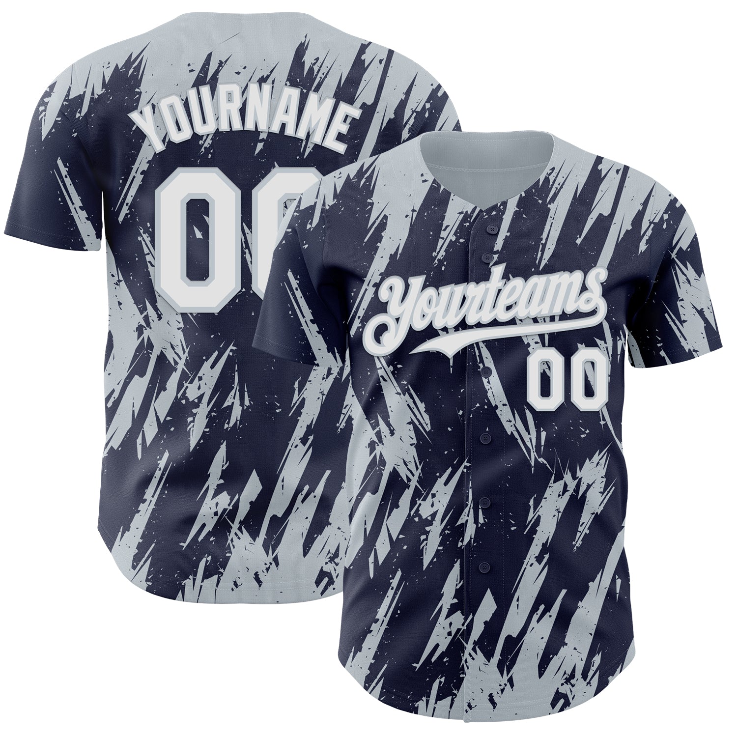 Custom Navy White-Silver 3D Pattern Design Splatter Torn Sharp Brush Stroke Authentic Baseball Jersey