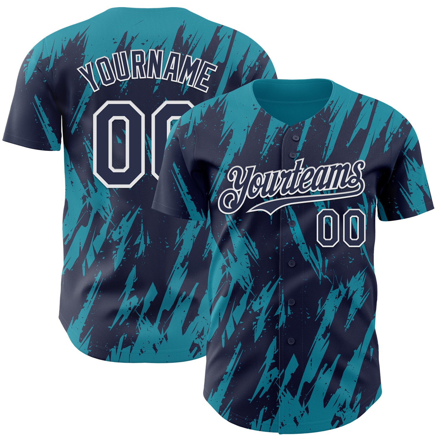 Custom Navy White-Teal 3D Pattern Design Splatter Torn Sharp Brush Stroke Authentic Baseball Jersey