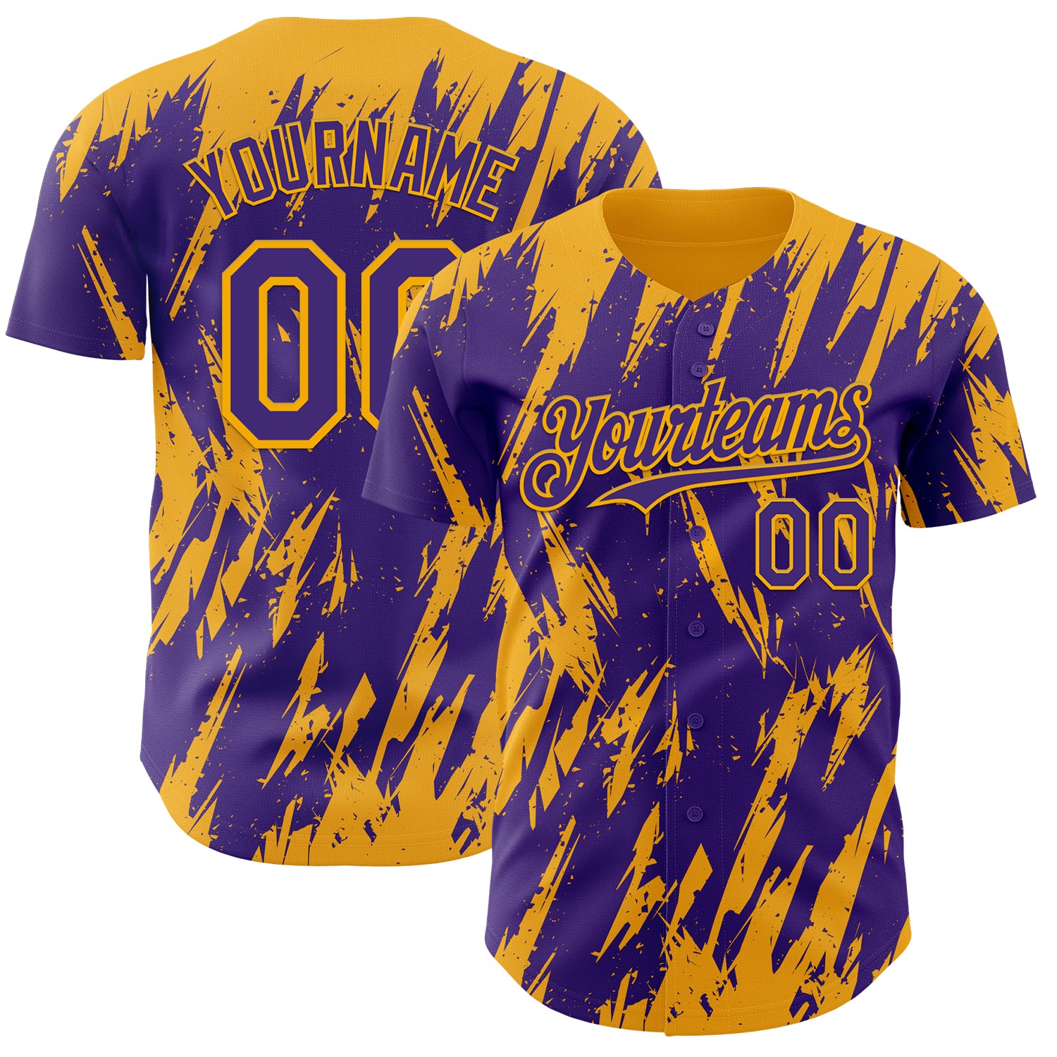 Custom Purple Gold 3D Pattern Design Splatter Torn Sharp Brush Stroke Authentic Baseball Jersey