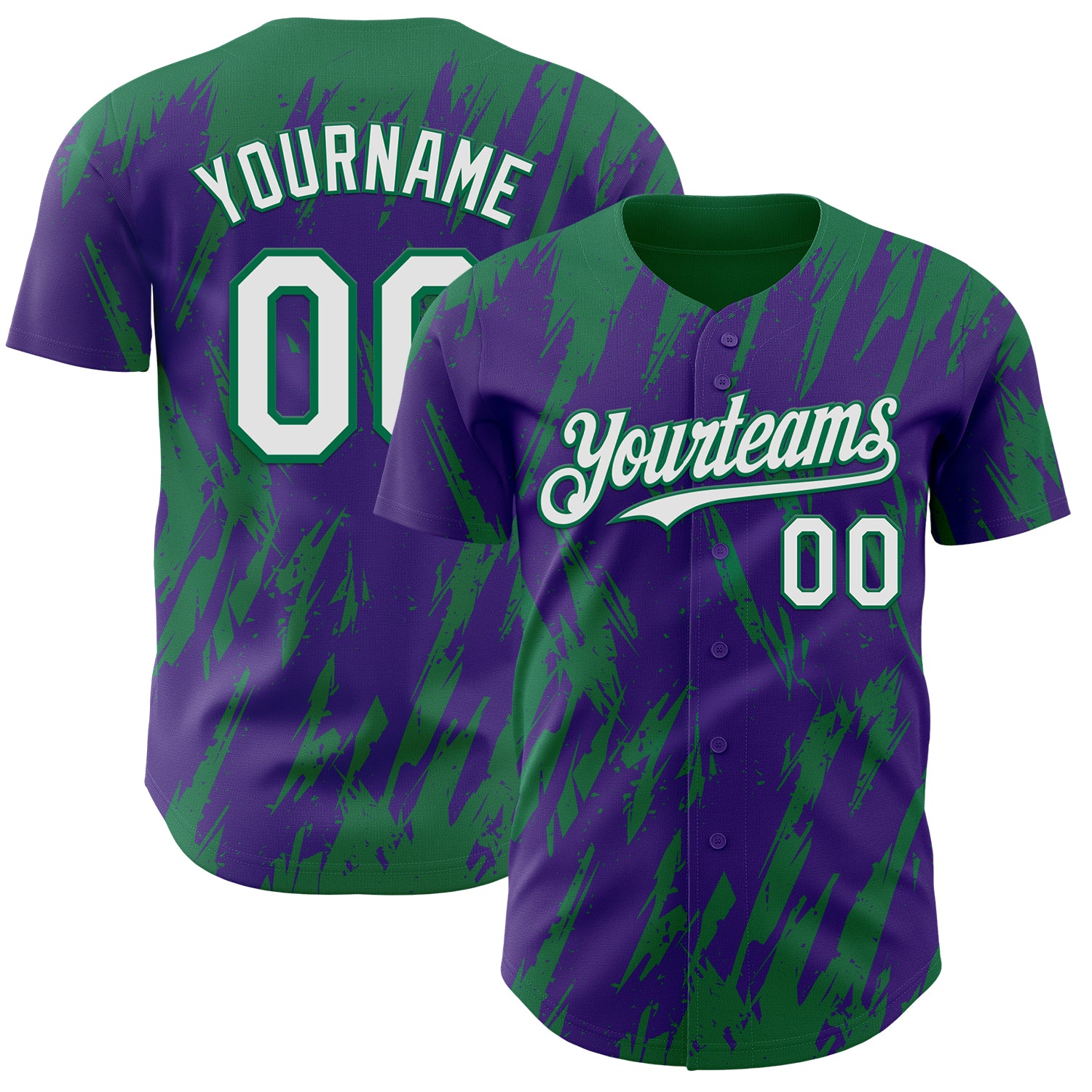 Custom Purple White-Kelly Green 3D Pattern Design Splatter Torn Sharp Brush Stroke Authentic Baseball Jersey