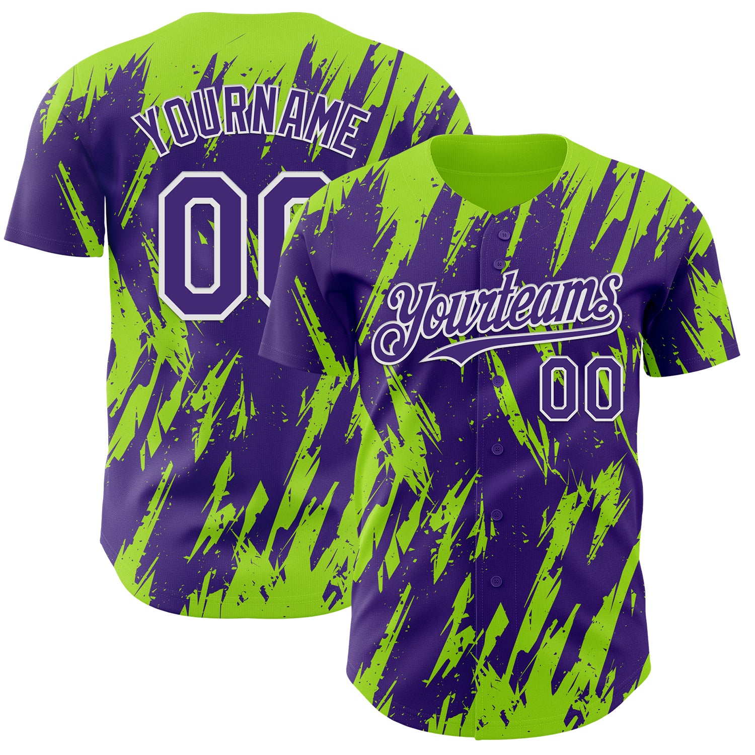 Custom Purple White-Neon Green 3D Pattern Design Splatter Torn Sharp Brush Stroke Authentic Baseball Jersey