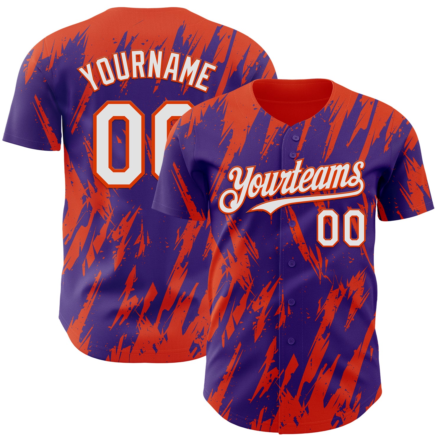 Custom Purple White-Orange 3D Pattern Design Splatter Torn Sharp Brush Stroke Authentic Baseball Jersey