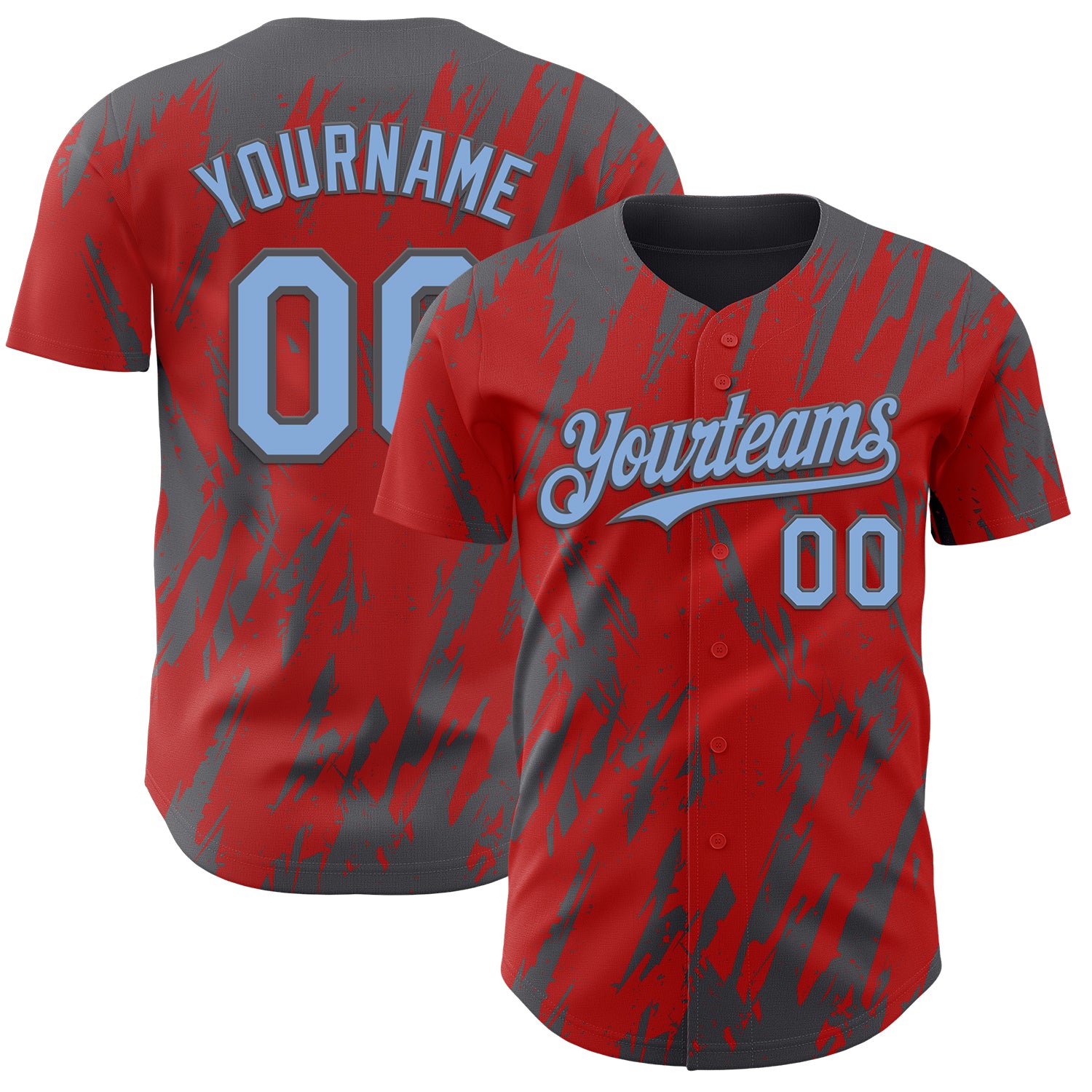 Custom Red Light Blue-Steel Gray 3D Pattern Design Splatter Torn Sharp Brush Stroke Authentic Baseball Jersey