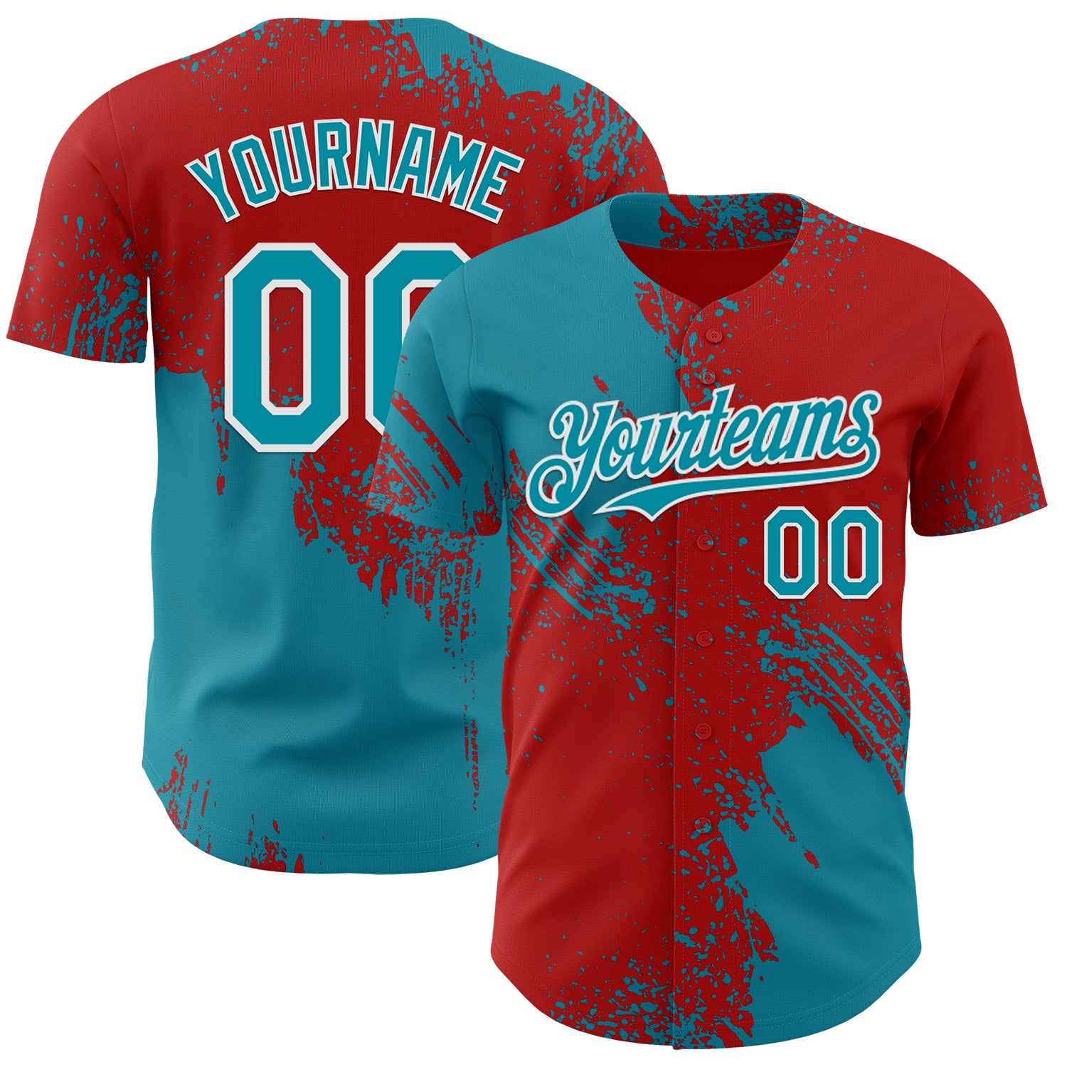 Custom Red Teal-White Abstract Brush Stroke Authentic Baseball Jersey