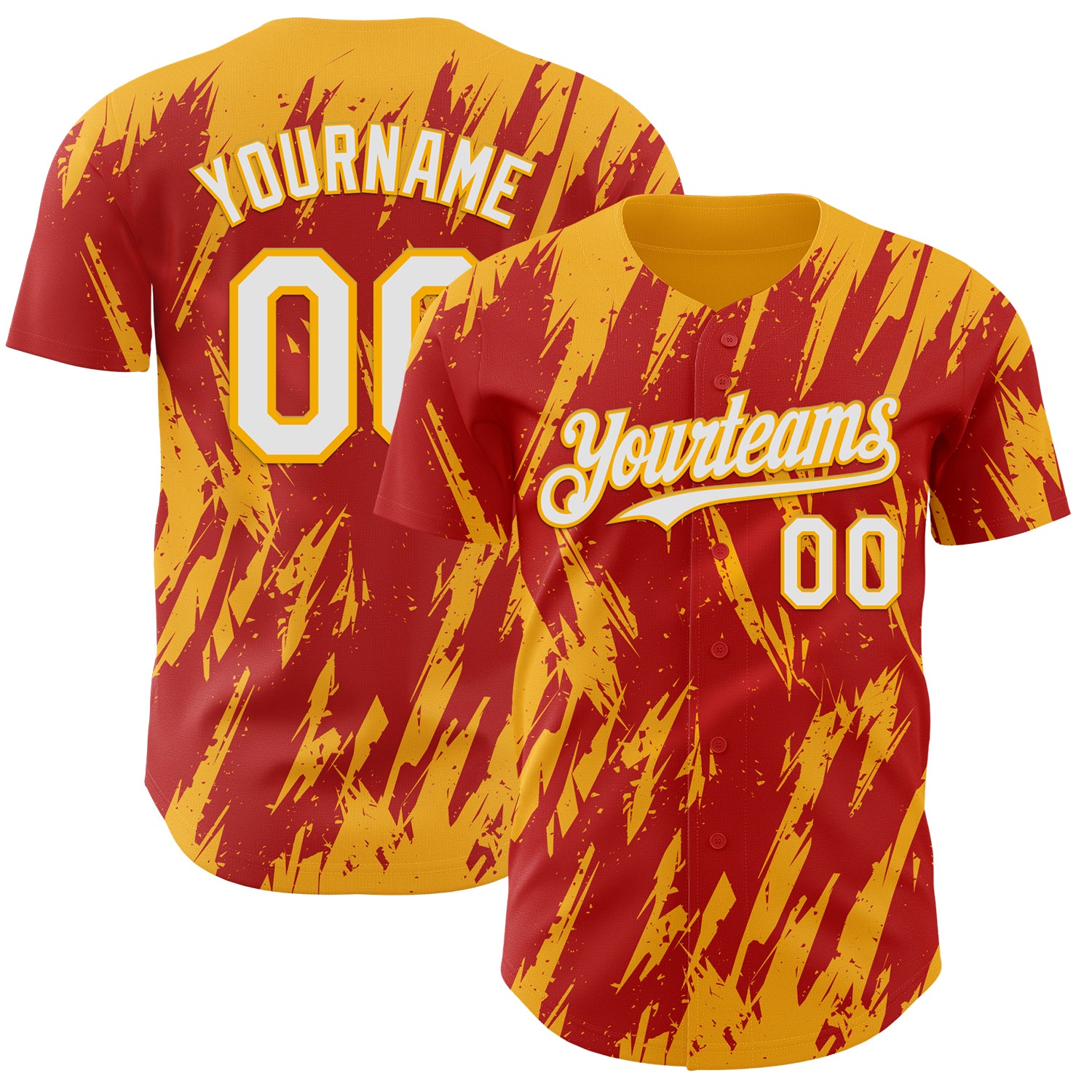 Custom Red White-Gold 3D Pattern Design Splatter Torn Sharp Brush Stroke Authentic Baseball Jersey