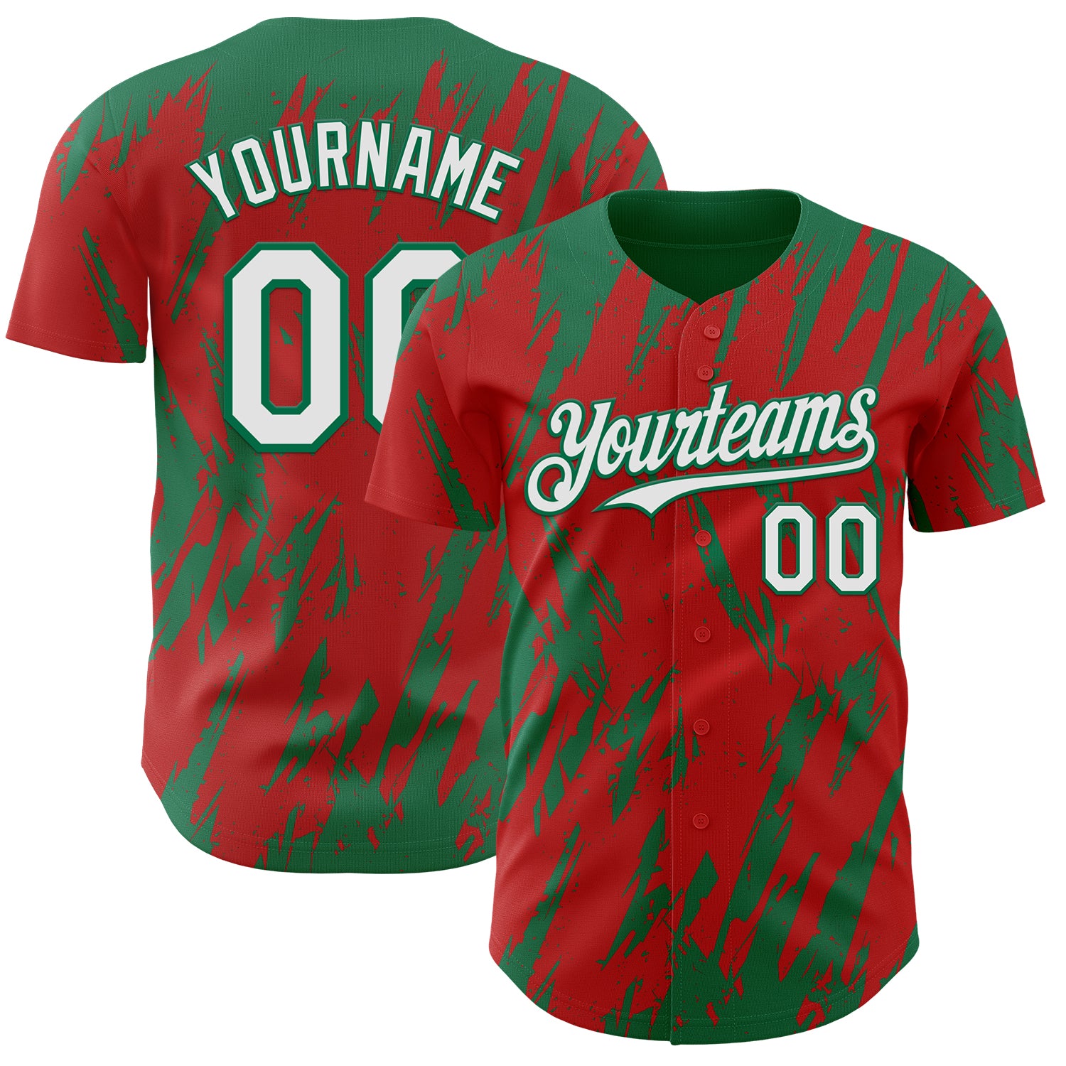 Custom Red White-Kelly Green 3D Pattern Design Splatter Torn Sharp Brush Stroke Authentic Baseball Jersey