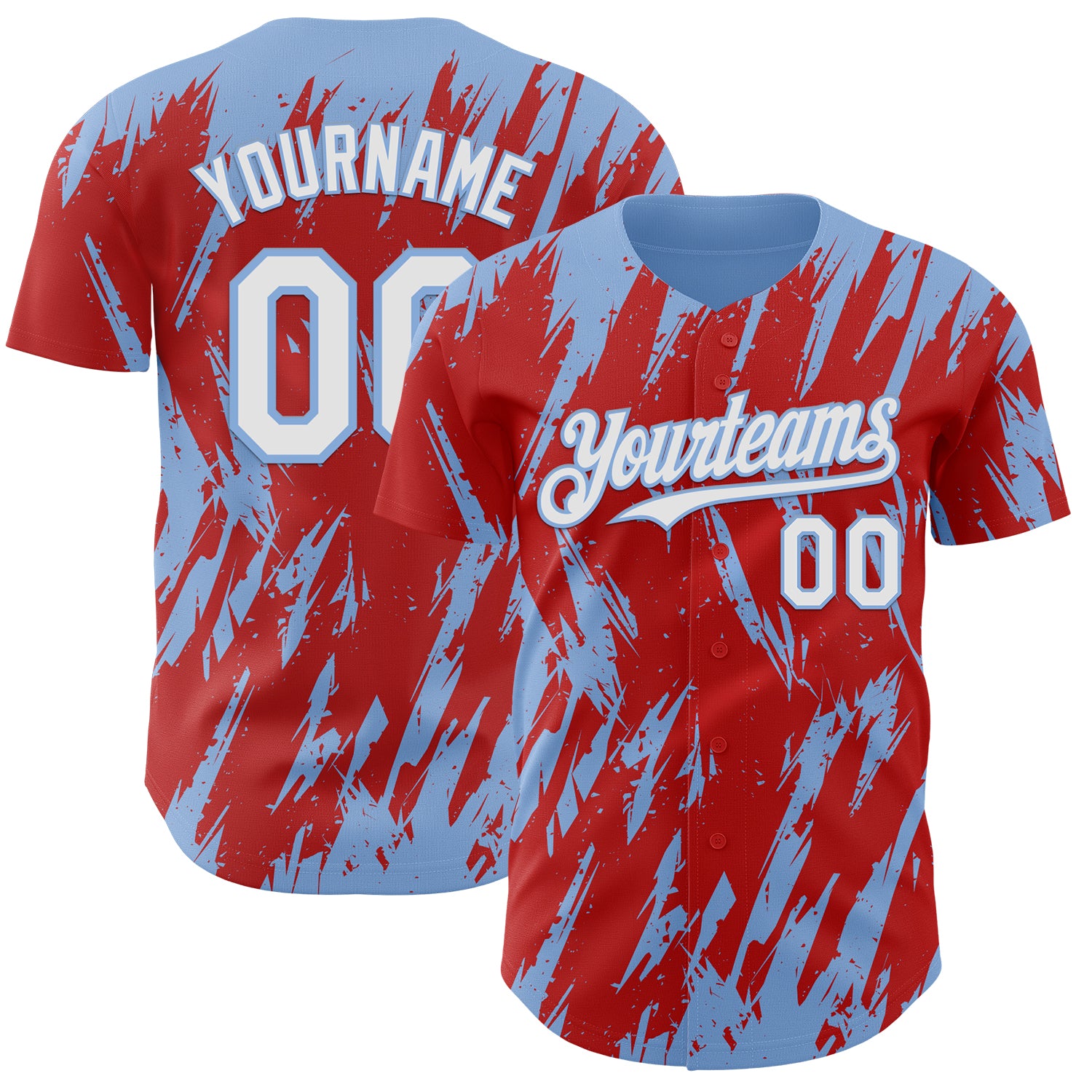 Custom Red White-Light Blue 3D Pattern Design Splatter Torn Sharp Brush Stroke Authentic Baseball Jersey