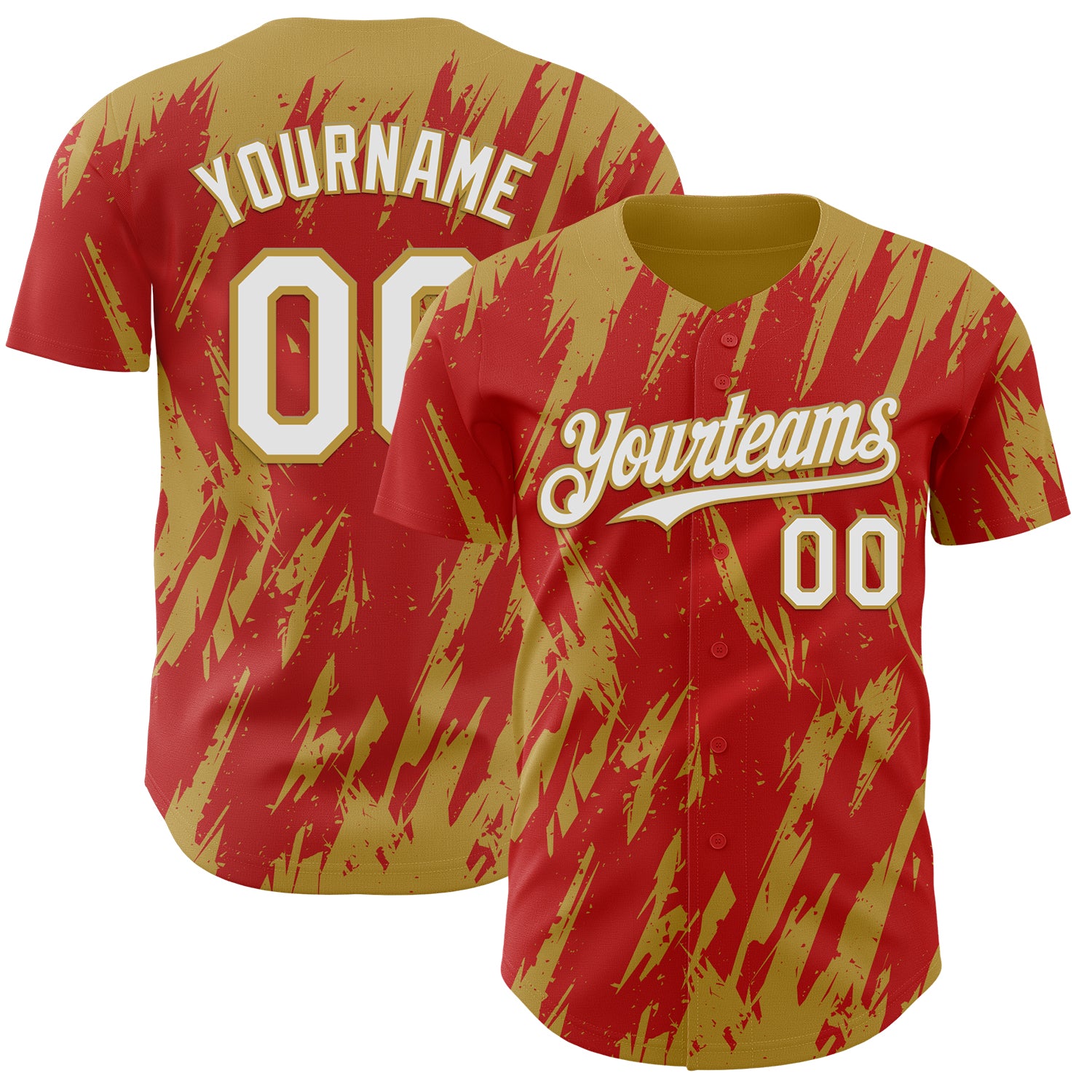 Custom Red White-Old Gold 3D Pattern Design Splatter Torn Sharp Brush Stroke Authentic Baseball Jersey