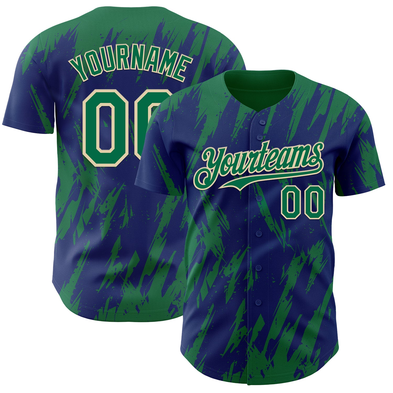 Custom Royal Kelly Green-Cream 3D Pattern Design Splatter Torn Sharp Brush Stroke Authentic Baseball Jersey