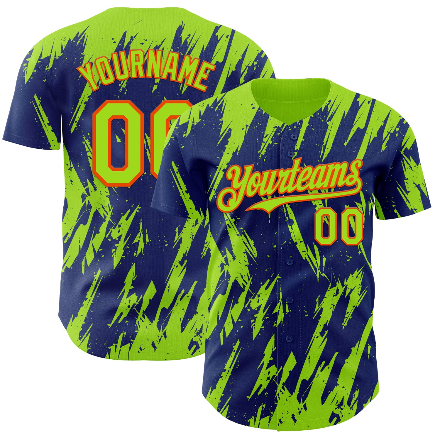 Custom Royal Neon Green-Orange 3D Pattern Design Splatter Torn Sharp Brush Stroke Authentic Baseball Jersey