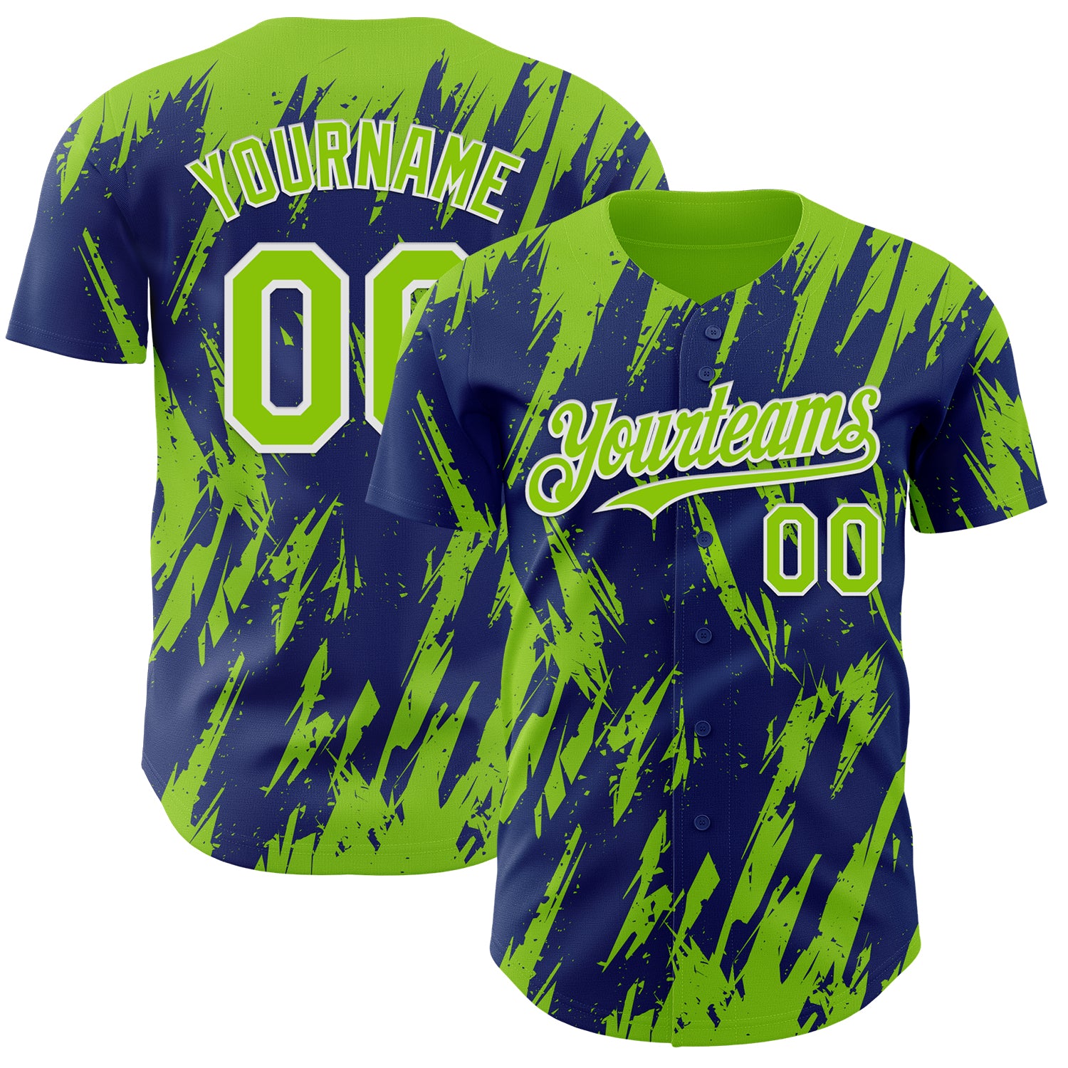 Custom Royal Neon Green-White 3D Pattern Design Splatter Torn Sharp Brush Stroke Authentic Baseball Jersey
