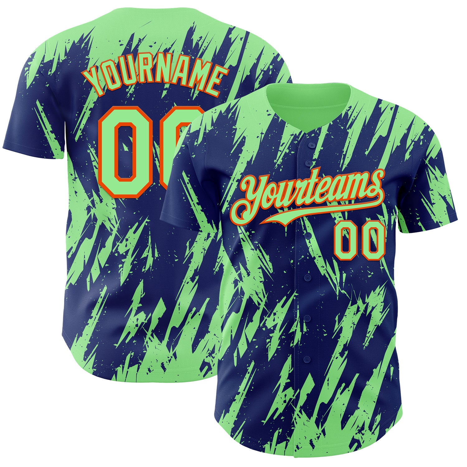 Custom Royal Pea Green-Orange 3D Pattern Design Splatter Torn Sharp Brush Stroke Authentic Baseball Jersey