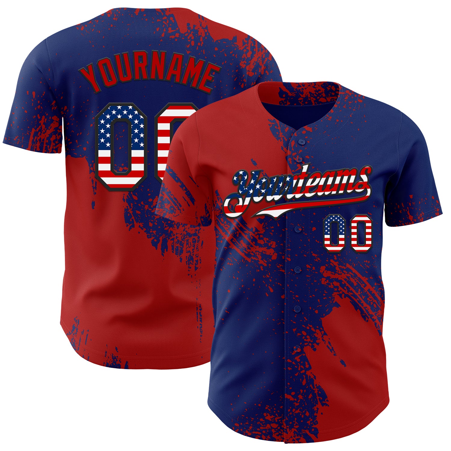 Custom Royal USA Flag Red-Black Abstract Brush Stroke Authentic Baseball Jersey