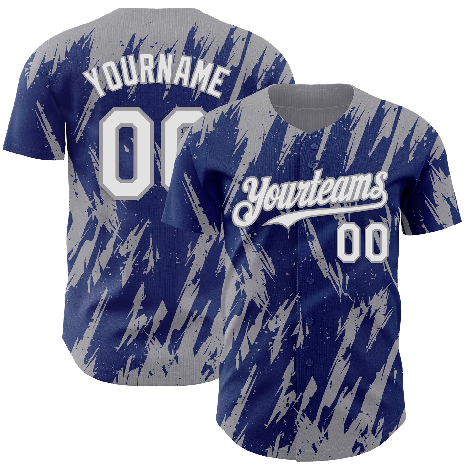 Custom Royal White-Gray 3D Pattern Design Splatter Torn Sharp Brush Stroke Authentic Baseball Jersey