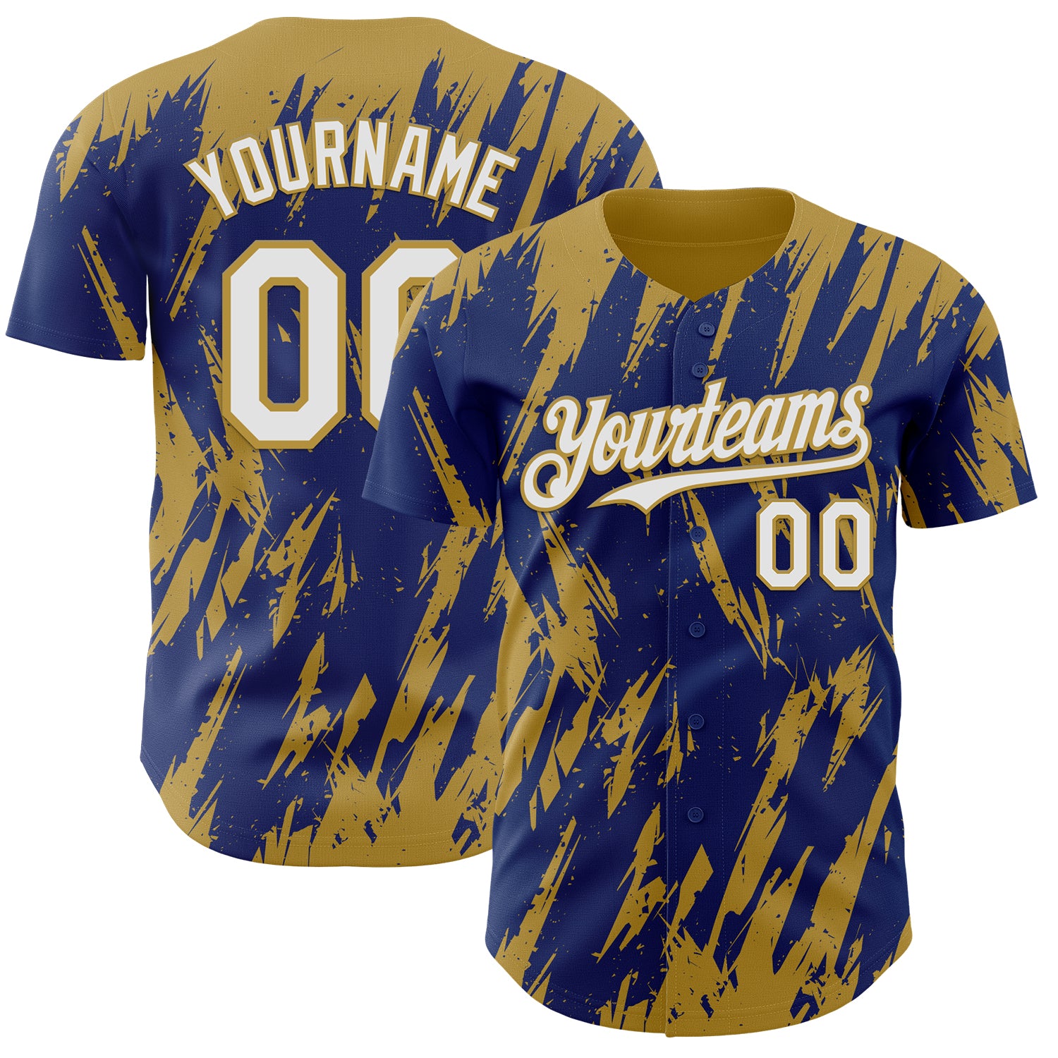 Custom Royal White-Old Gold 3D Pattern Design Splatter Torn Sharp Brush Stroke Authentic Baseball Jersey