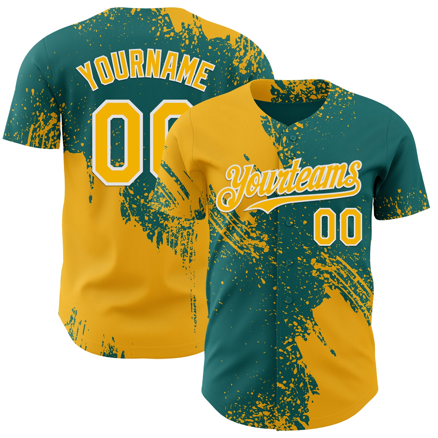 Custom Teal Gold-White Abstract Brush Stroke Authentic Baseball Jersey