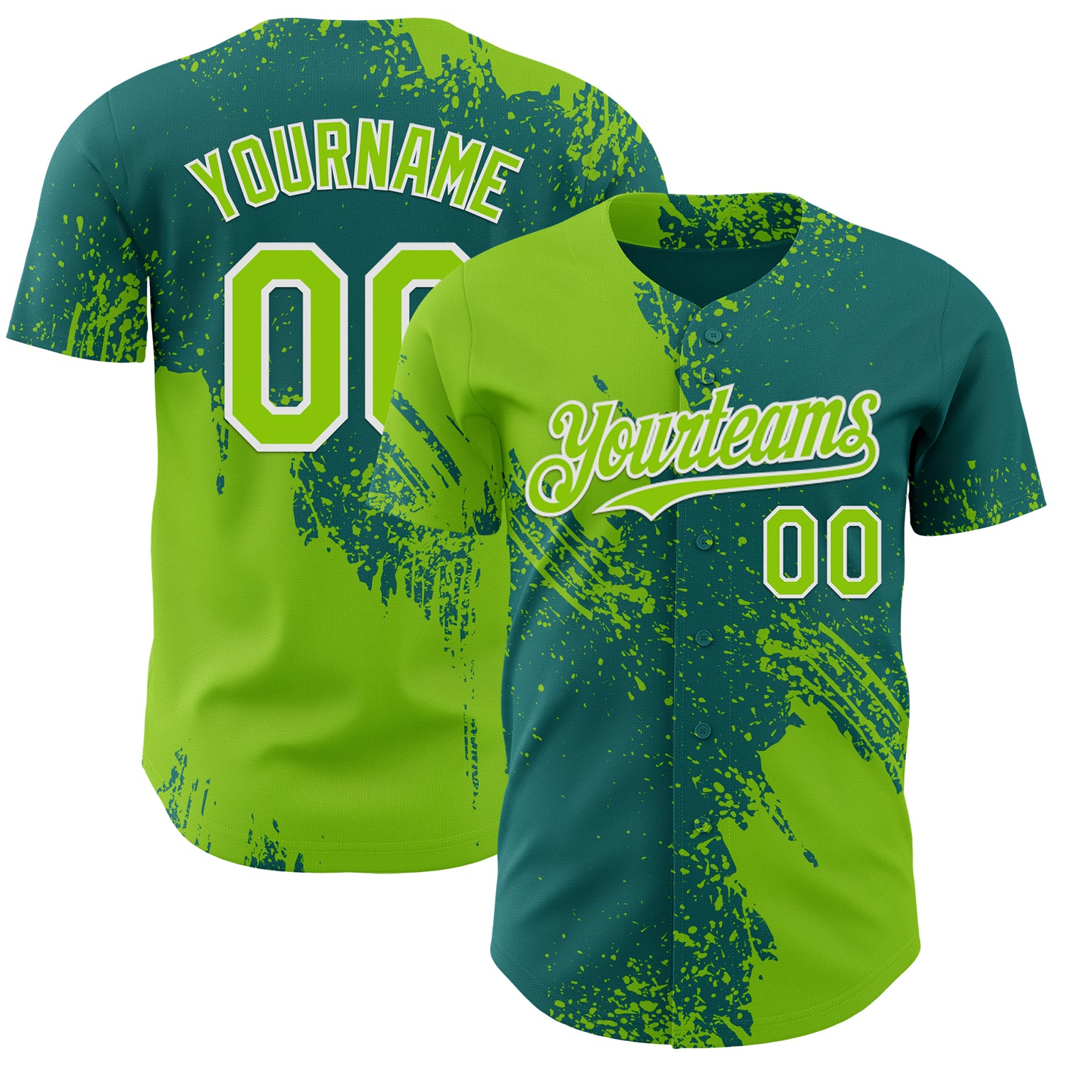 Custom Teal Neon Green-White Abstract Brush Stroke Authentic Baseball Jersey
