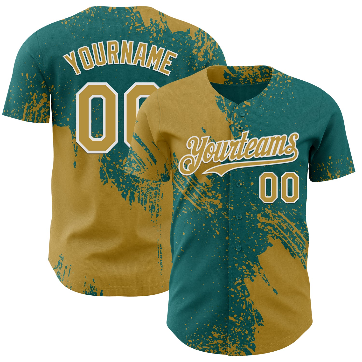 Custom Teal Old Gold-White Abstract Brush Stroke Authentic Baseball Jersey