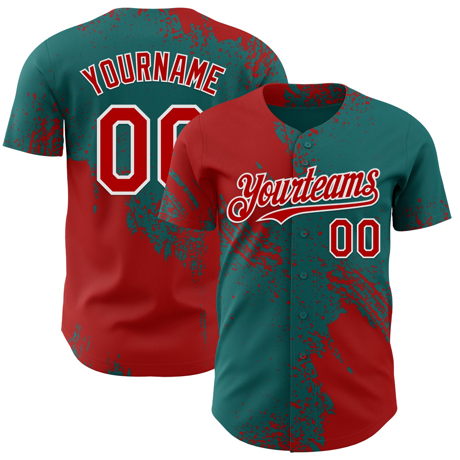 Custom Teal Red-White Abstract Brush Stroke Authentic Baseball Jersey