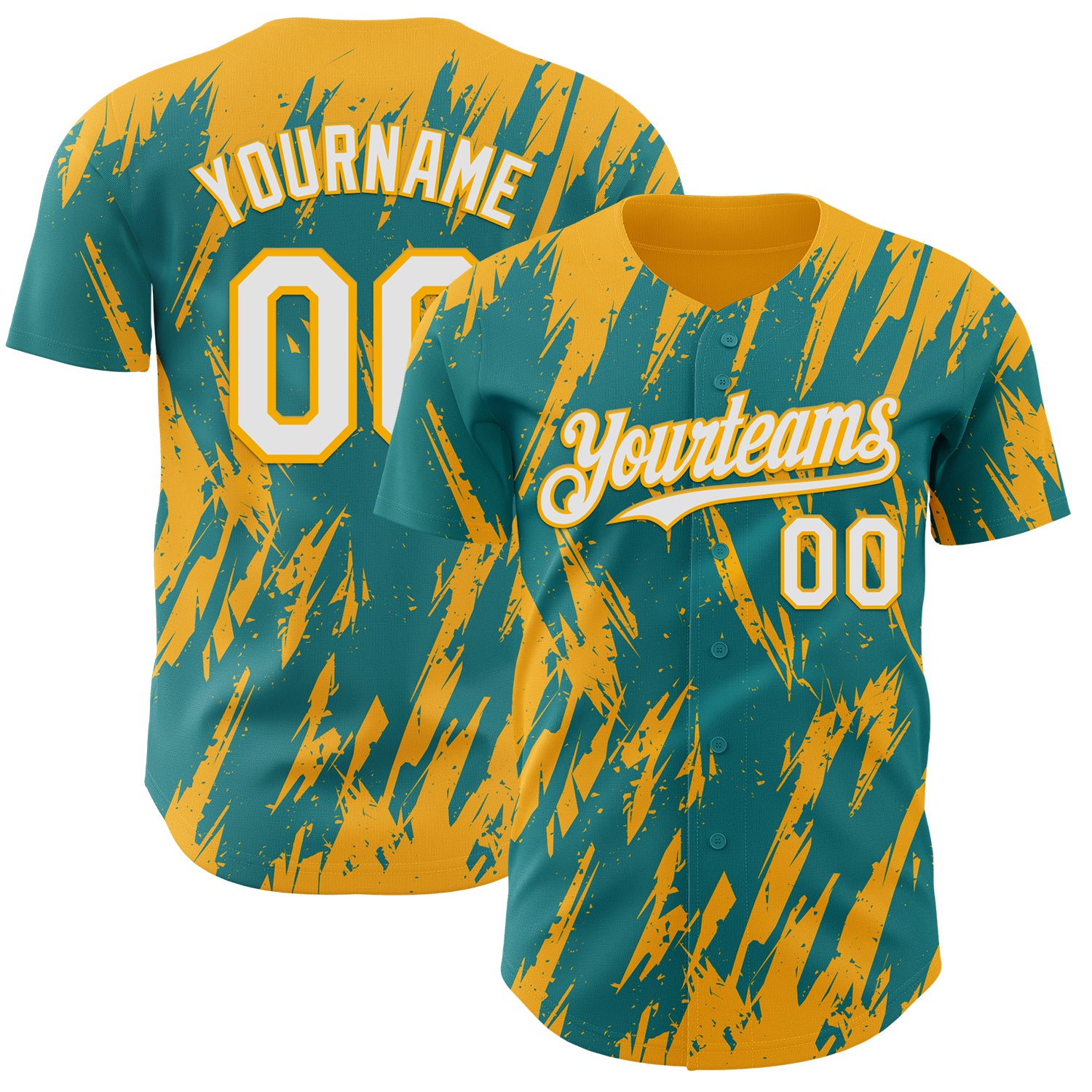 Custom Teal White-Gold 3D Pattern Design Splatter Torn Sharp Brush Stroke Authentic Baseball Jersey