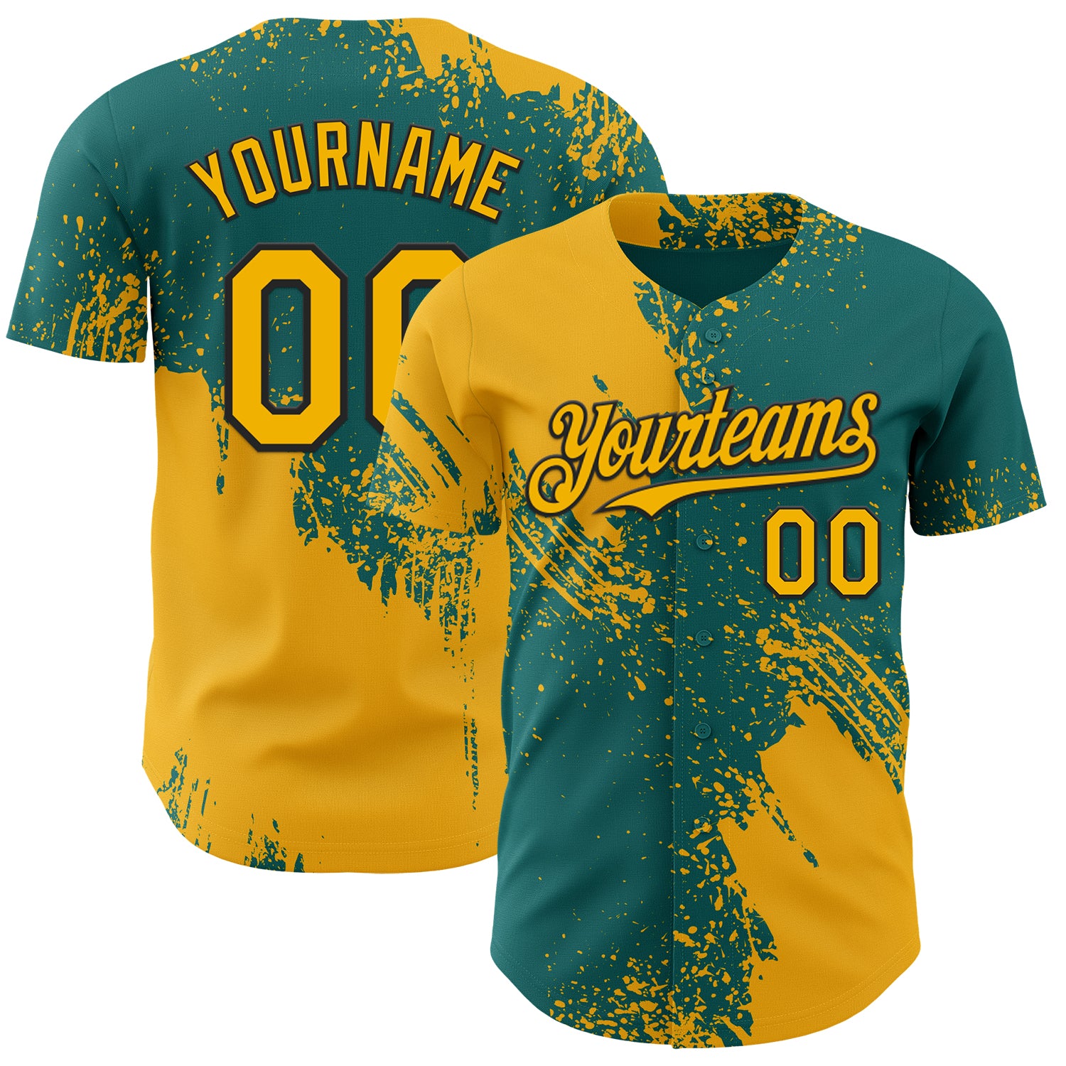 Custom Teal Yellow-Black Abstract Brush Stroke Authentic Baseball Jersey