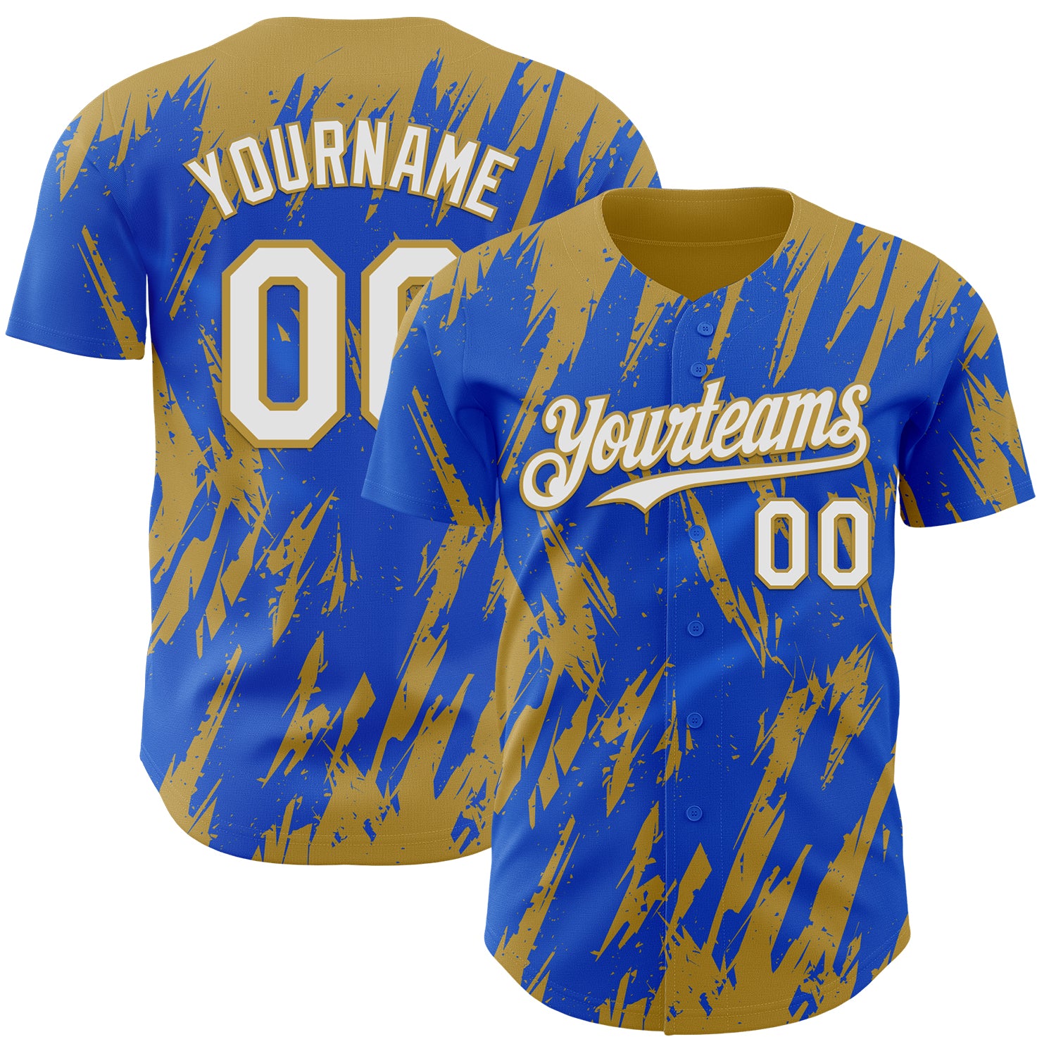 Custom Thunder Blue White-Old Gold 3D Pattern Design Splatter Torn Sharp Brush Stroke Authentic Baseball Jersey