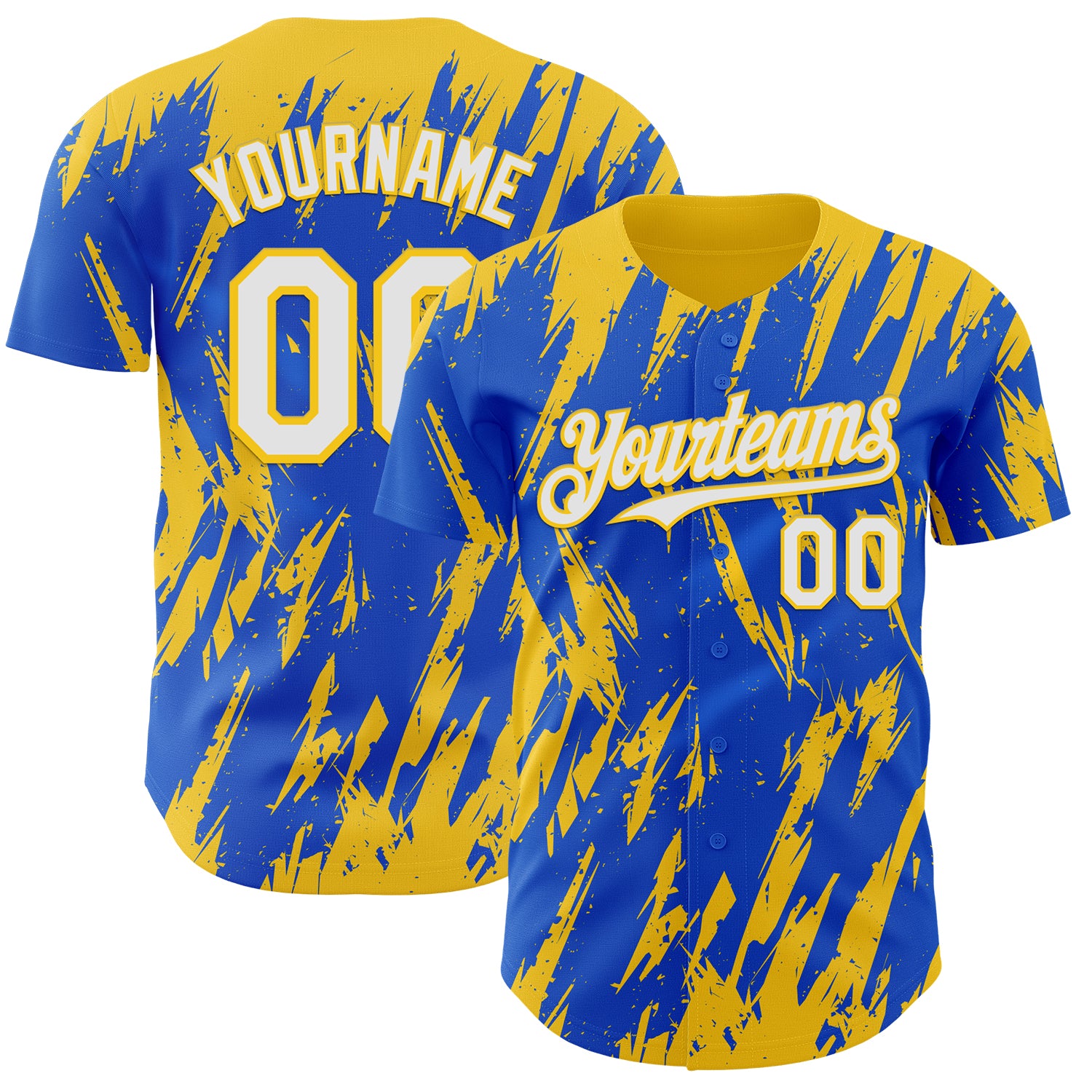 Custom Thunder Blue White-Yellow 3D Pattern Design Splatter Torn Sharp Brush Stroke Authentic Baseball Jersey