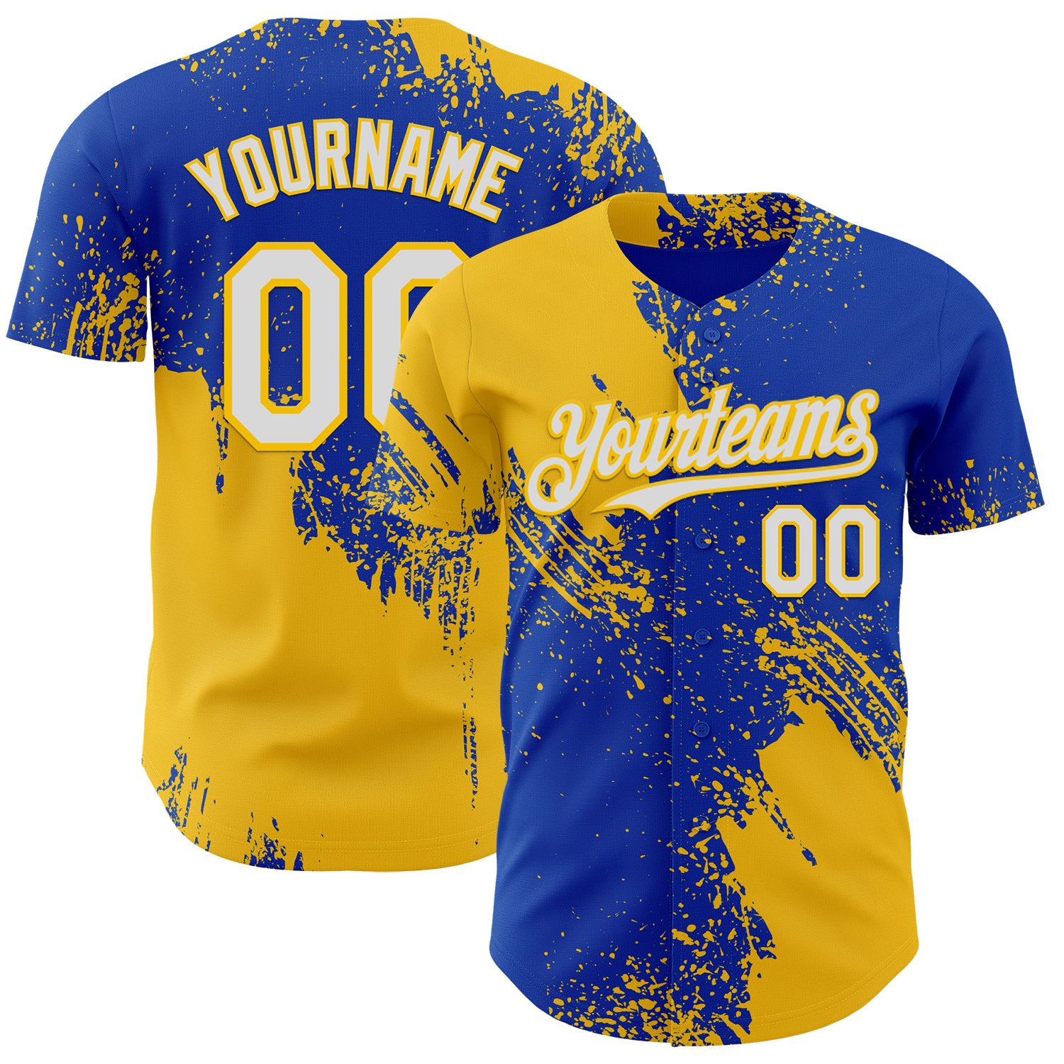 Custom Thunder Blue White-Yellow Abstract Brush Stroke Authentic Baseball Jersey