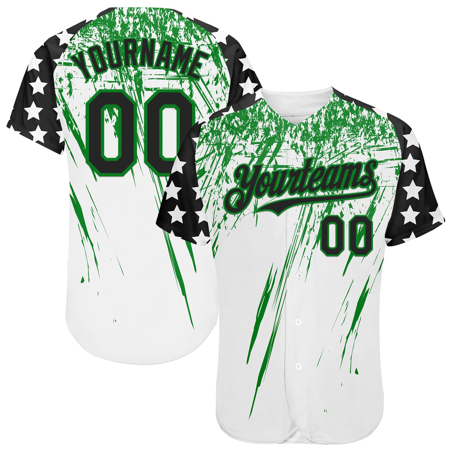 Custom White Black-Grass Green Splatter Brush Stroke Star Raglan Sleeves Authentic Baseball Jersey