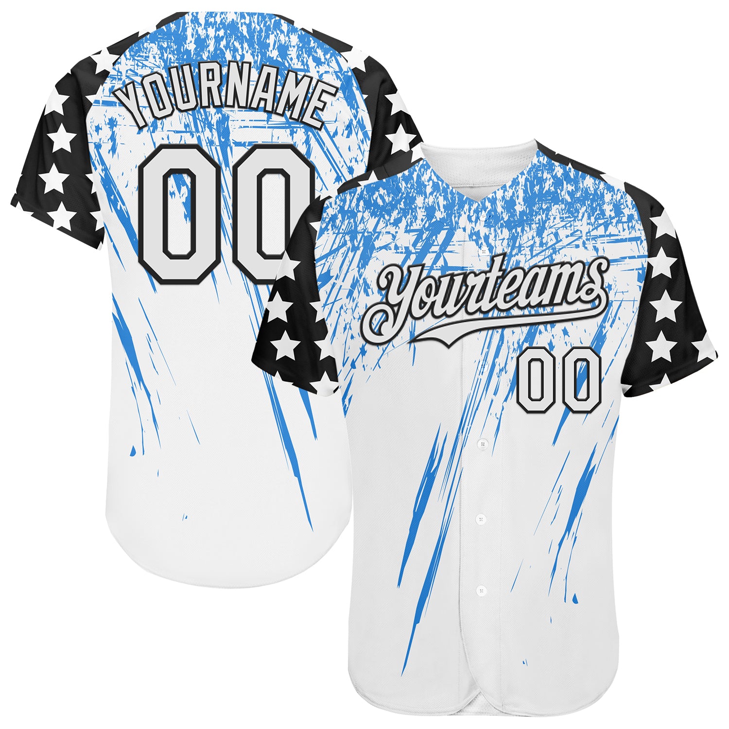 Custom White Black-Powder Blue Splatter Brush Stroke Star Raglan Sleeves Authentic Baseball Jersey