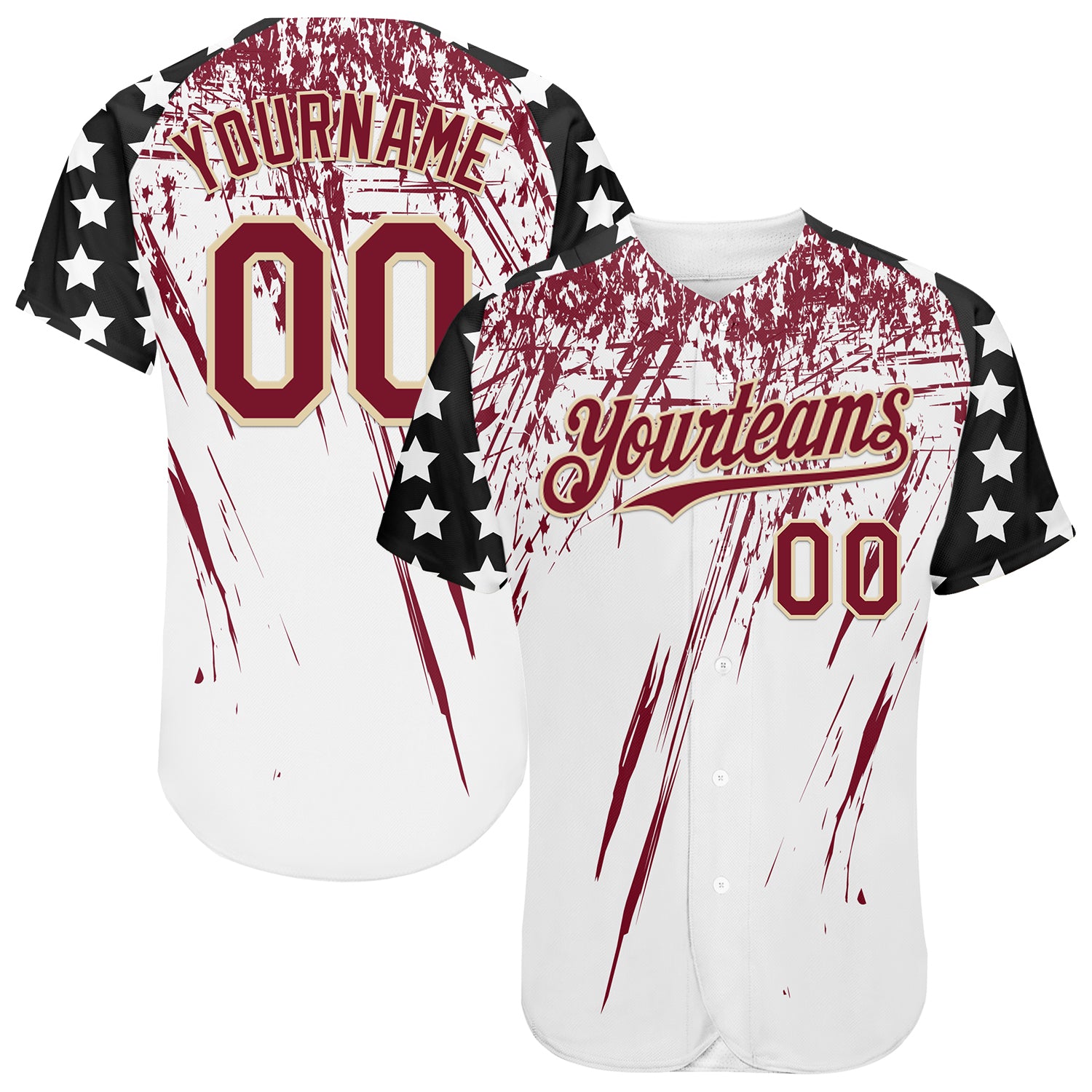 Custom White Crimson Cream-Black Splatter Brush Stroke Star Raglan Sleeves Authentic Baseball Jersey