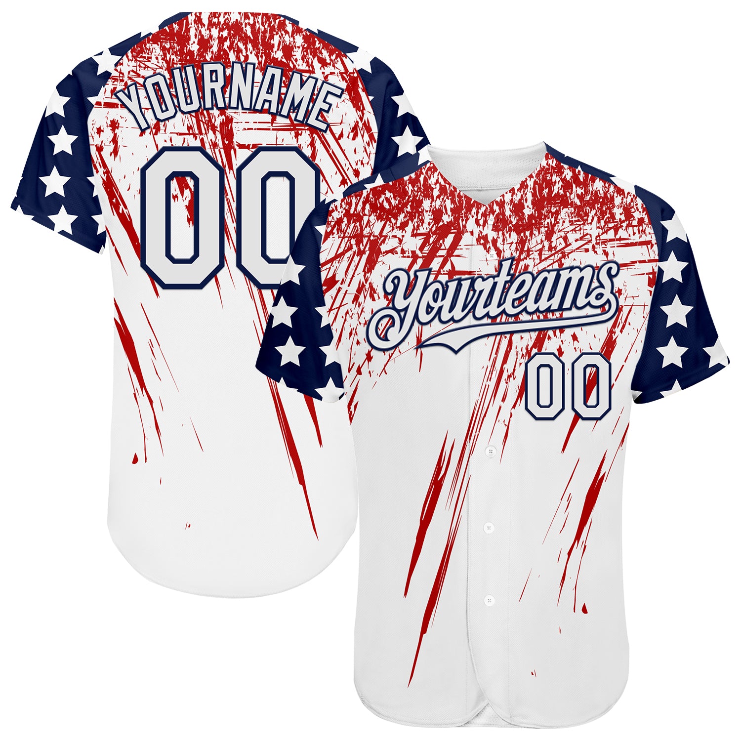 Custom White Navy-Red Splatter Brush Stroke Star Raglan Sleeves Authentic Baseball Jersey
