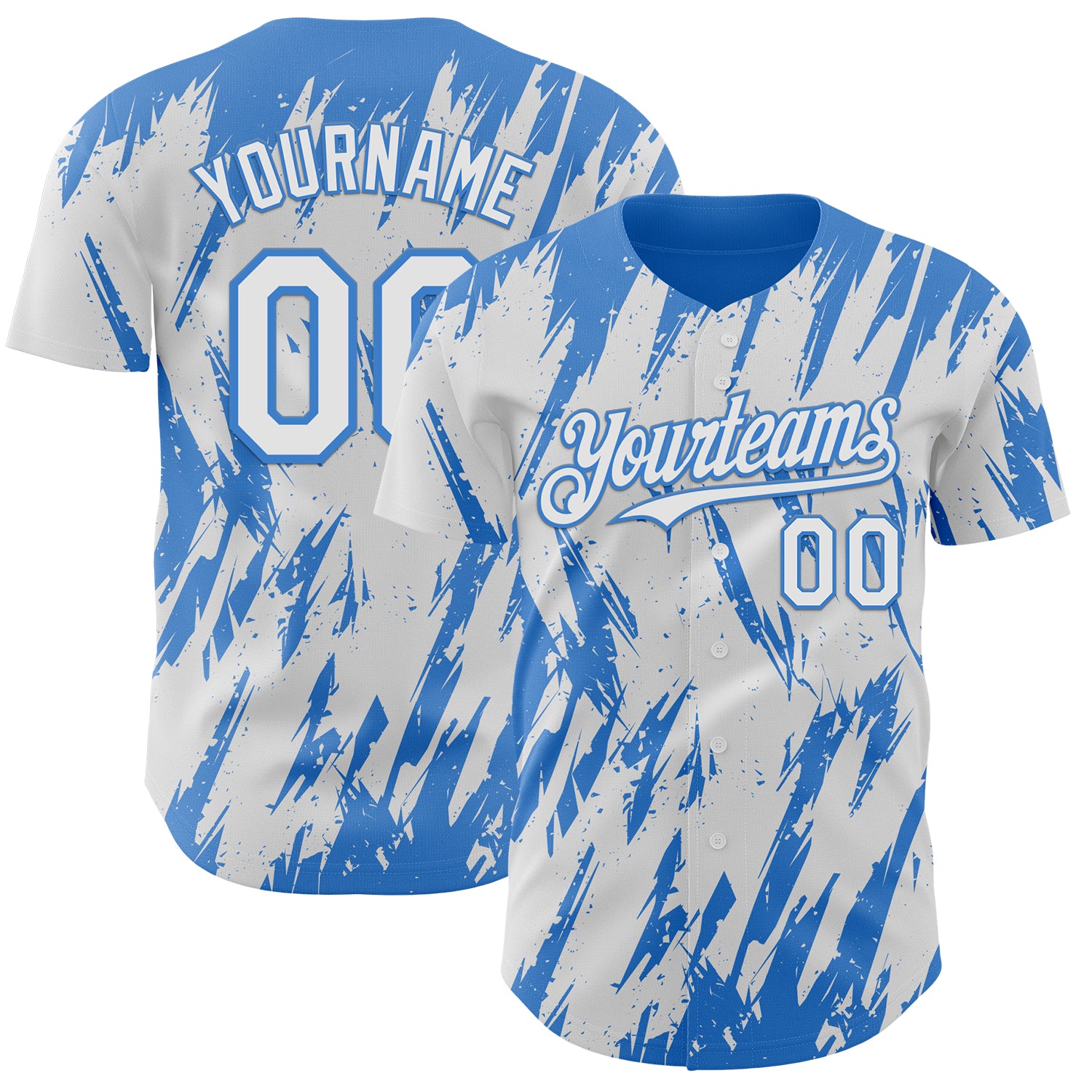 Custom White Powder Blue 3D Pattern Design Splatter Torn Sharp Brush Stroke Authentic Baseball Jersey
