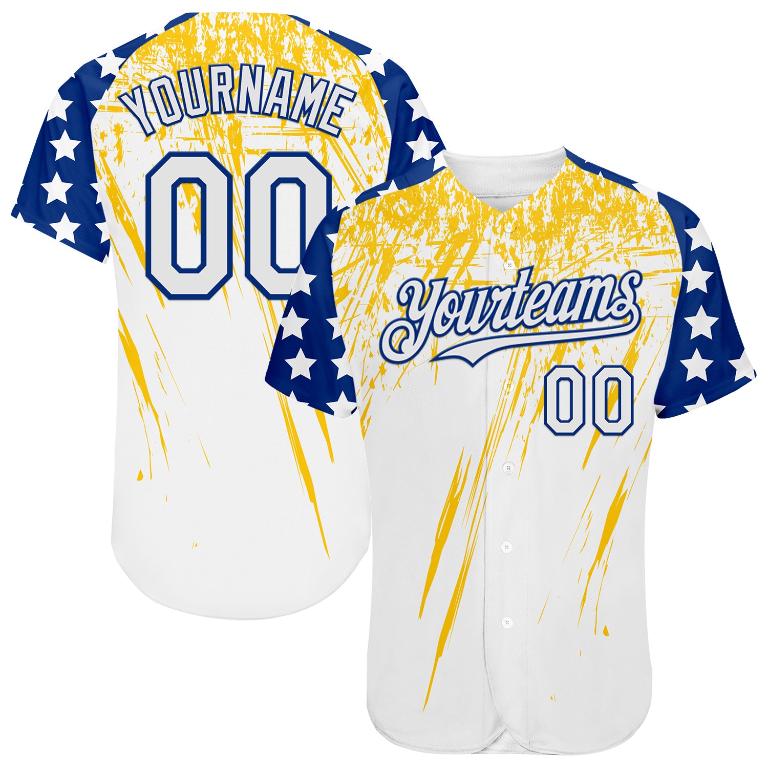 Custom White Royal-Yellow Splatter Brush Stroke Star Raglan Sleeves Authentic Baseball Jersey