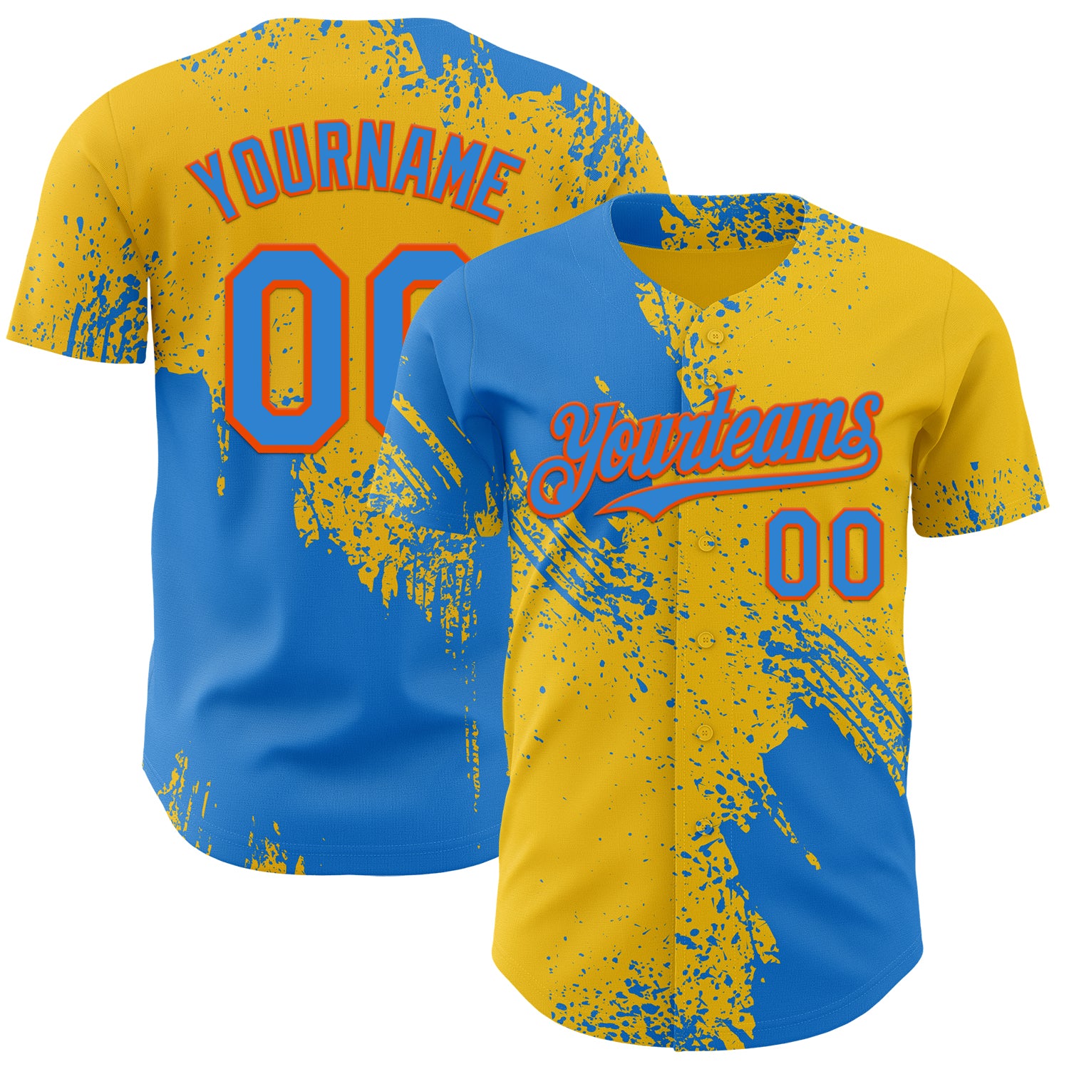 Custom Yellow Electric Blue-Orange Abstract Brush Stroke Authentic Baseball Jersey