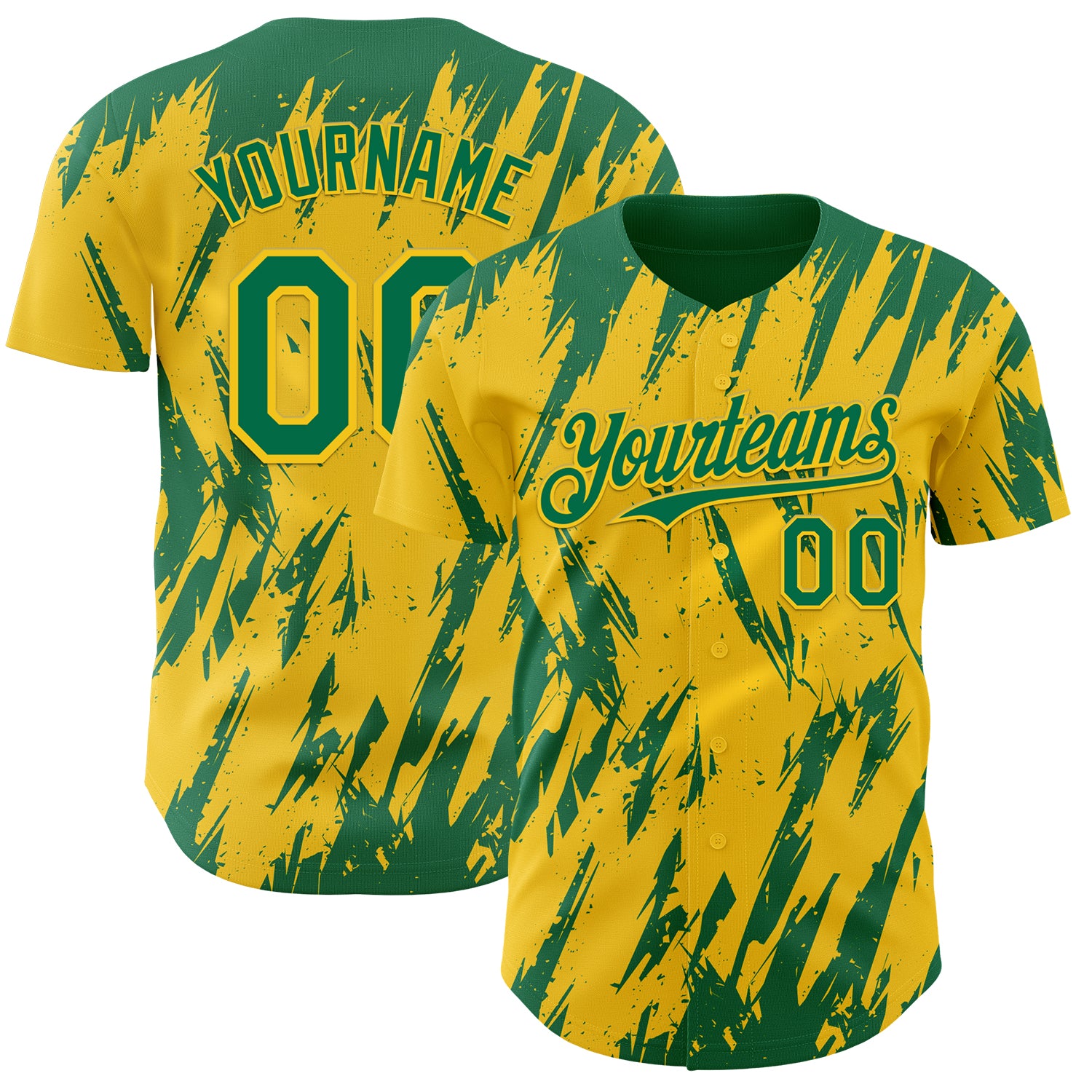 Custom Yellow Kelly Green-White 3D Pattern Design Splatter Torn Sharp Brush Stroke Authentic Baseball Jersey
