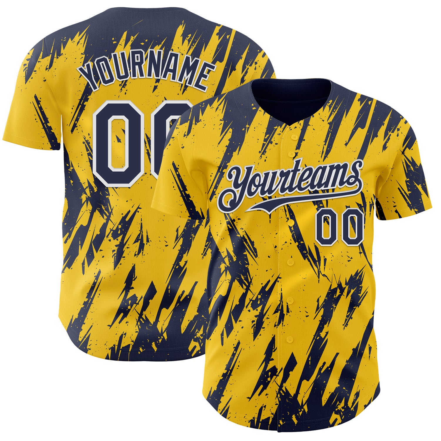 Custom Yellow Navy-White 3D Pattern Design Splatter Torn Sharp Brush Stroke Authentic Baseball Jersey