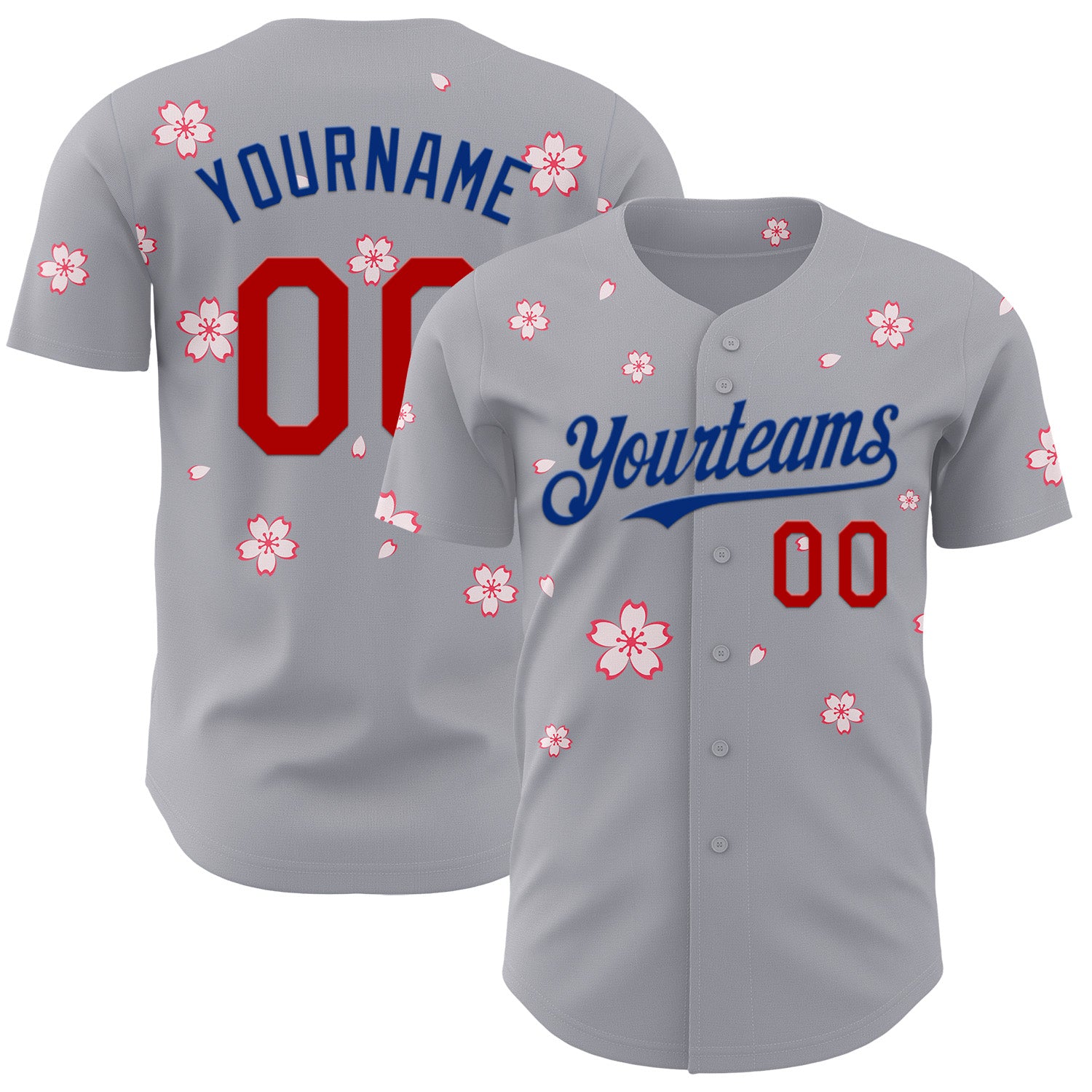 Custom Gray Red-Royal Cherry Blossoms Sakura Authentic Baseball Jersey